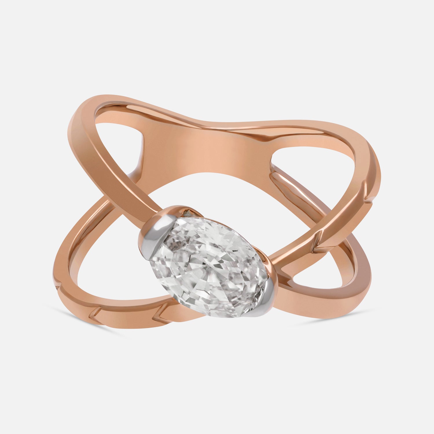Criss-Cross Rose Gold Ring with Oval Step-Cut Lab-Grown Diamond | SKU : 0021923418