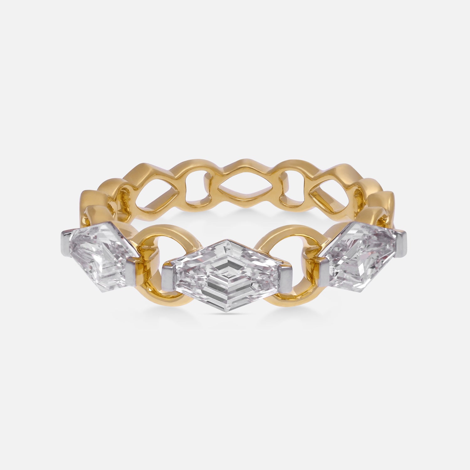 Yellow Gold Geometric Chain Link Ring with Lozenge Blunt-Cut Lab-Grown Diamonds | SKU : 0021923067