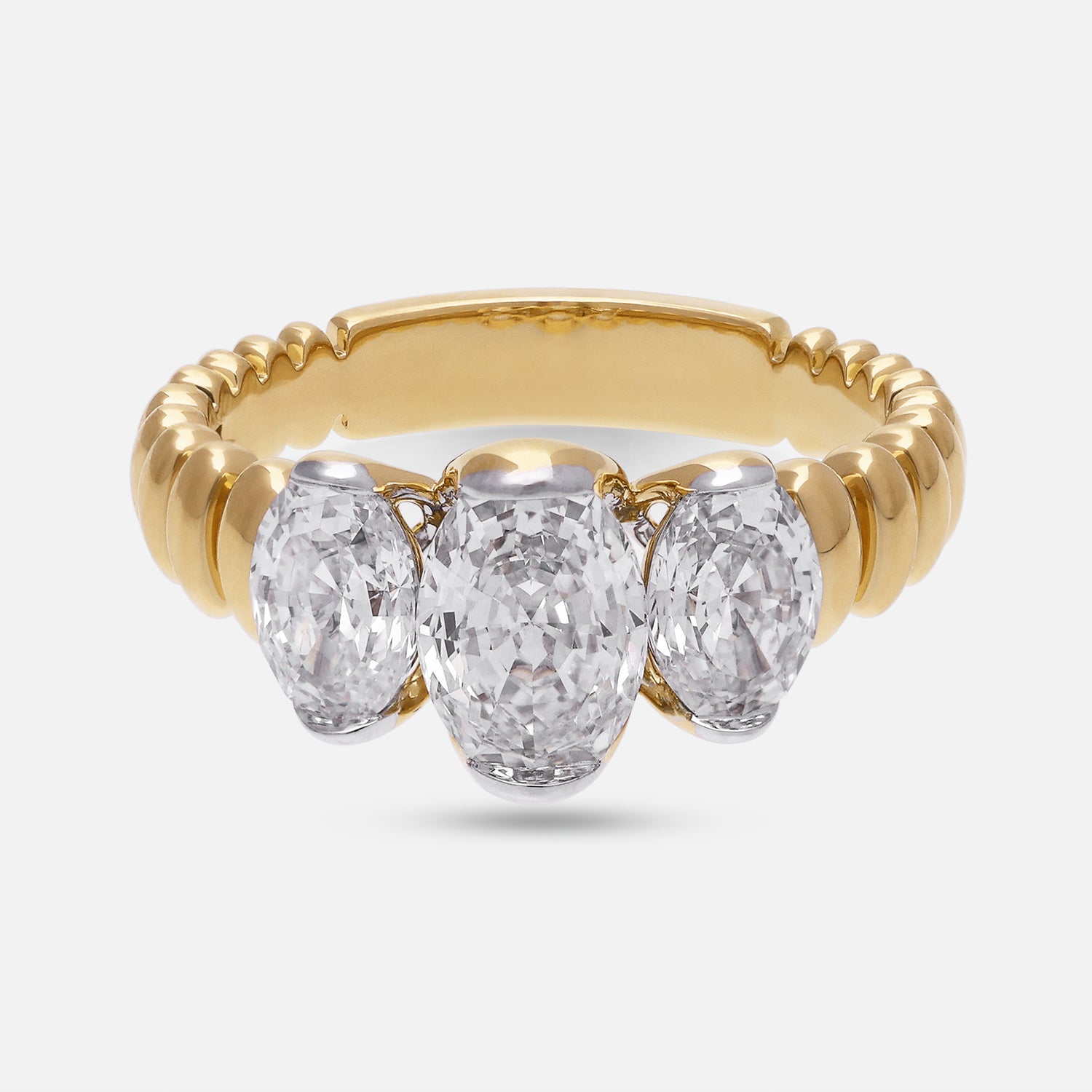 Yellow Gold Triple Oval Step Lab-Grown Diamond Ring with Ribbed Band | SKU : 0021923081
