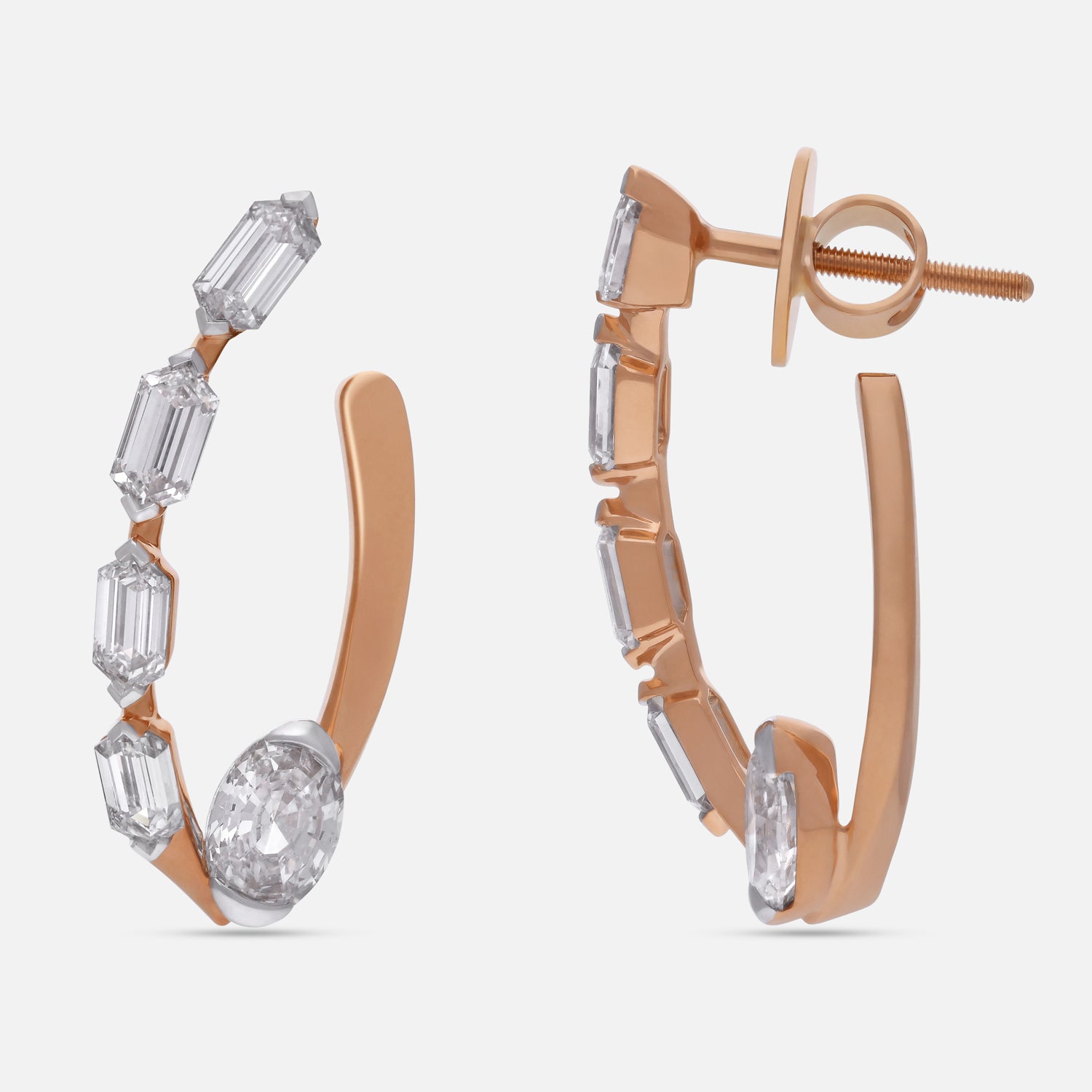 Sculptural Gold Tops with Oval Step Cut and Hexagonal Baguette-Cut Lab-Grown Diamonds in Curved Hoop Design | SKU : 0003761601