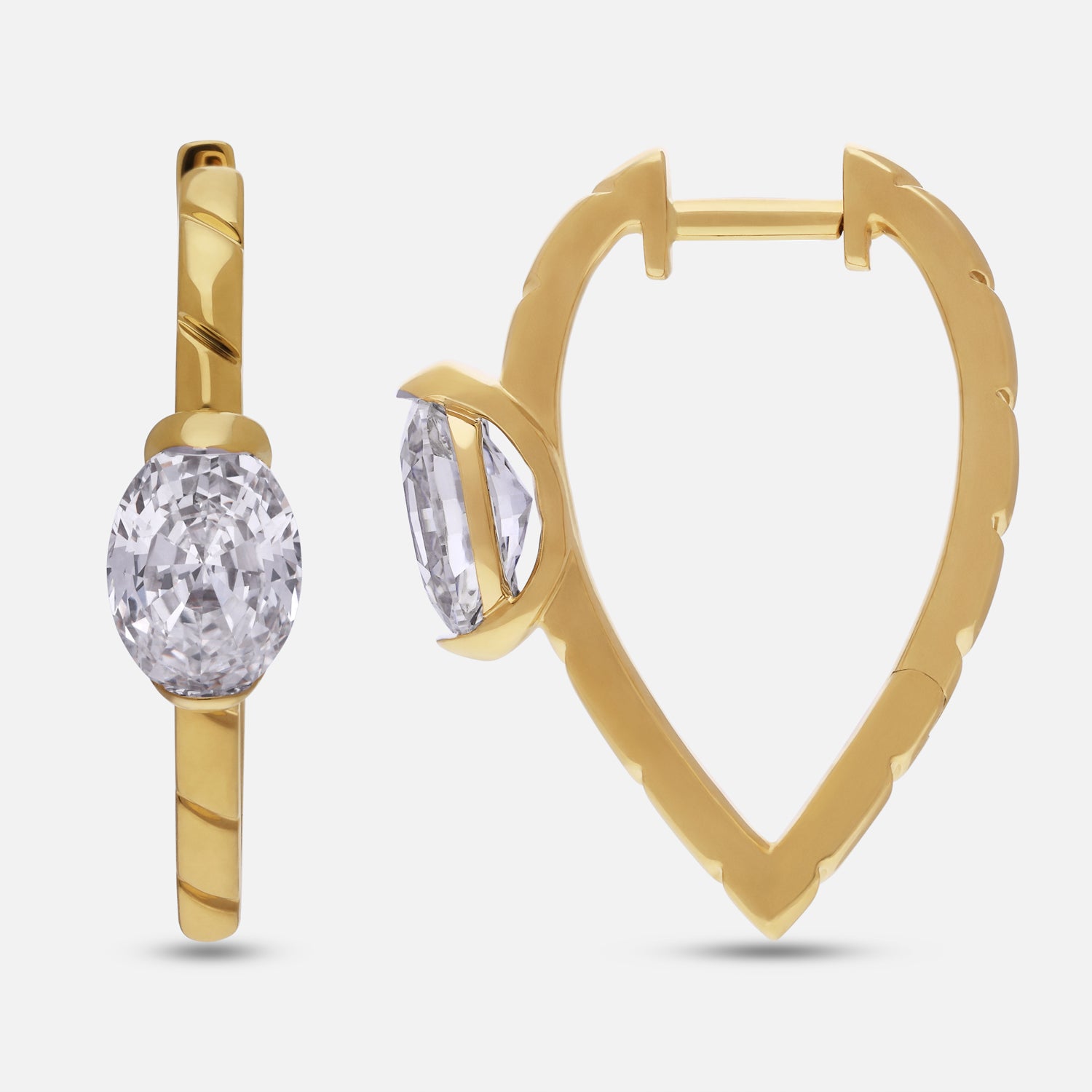 Oval Step-Cut Lab-Grown Diamond Engraved Yellow Gold Hoop Earrings | SKU : 0021918049