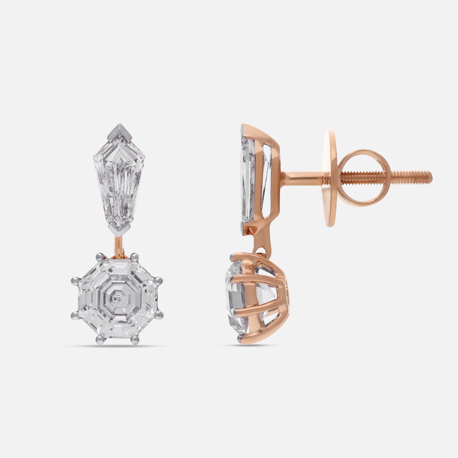 Rose Gold Drop Earrings with Octagon Step Cut and Tie Narrow Pointed-Cut Lab-Grown Diamonds | SKU : 0003759677