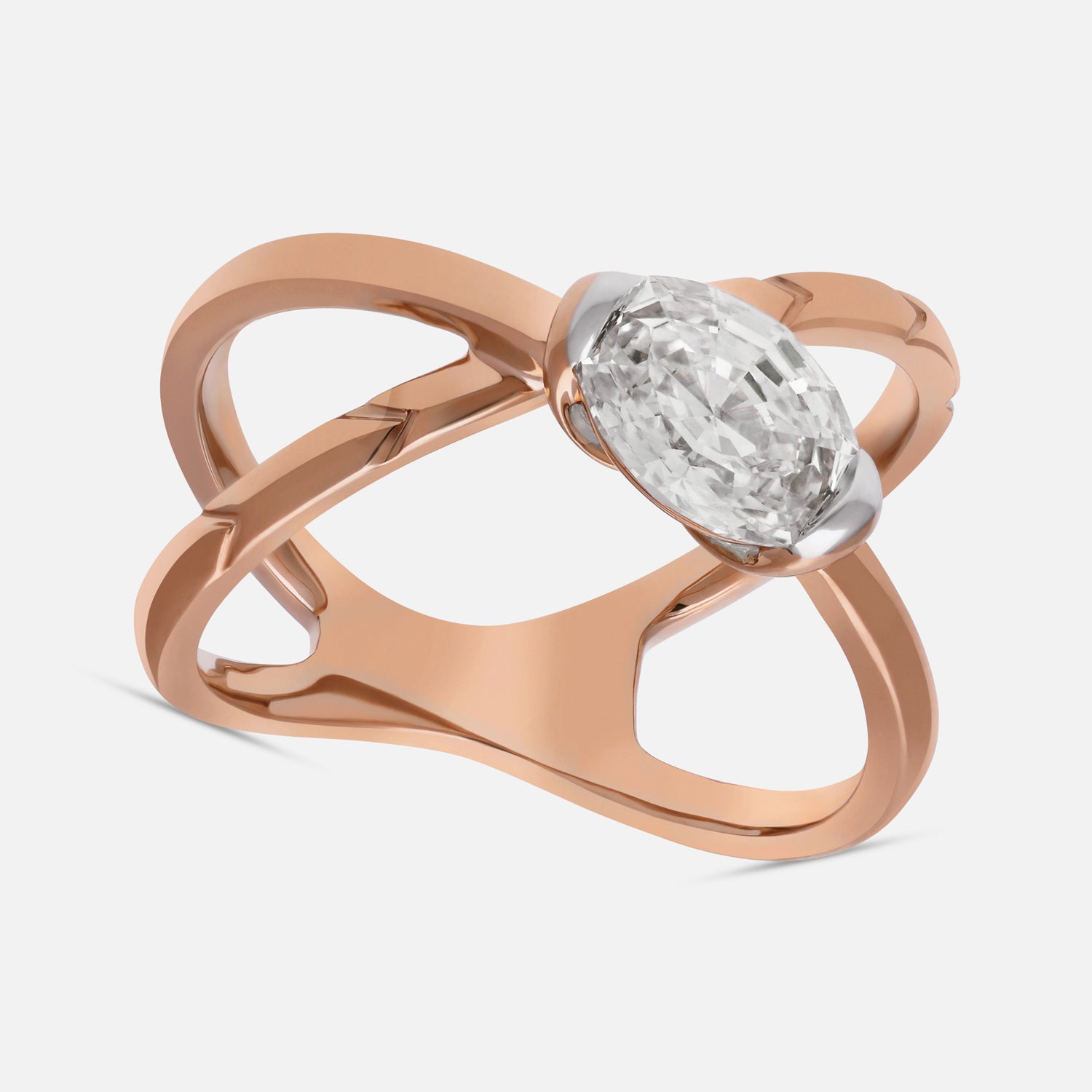 Criss-Cross Rose Gold Ring with Oval Step-Cut Lab-Grown Diamond | SKU : 0021923418