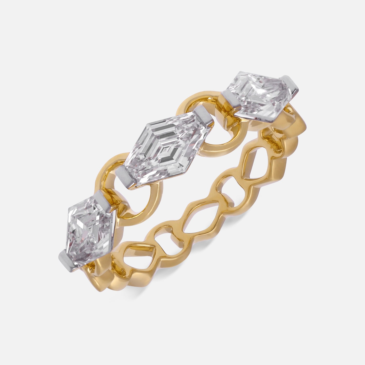 Yellow Gold Geometric Chain Link Ring with Lozenge Blunt-Cut Lab-Grown Diamonds | SKU : 0021923067