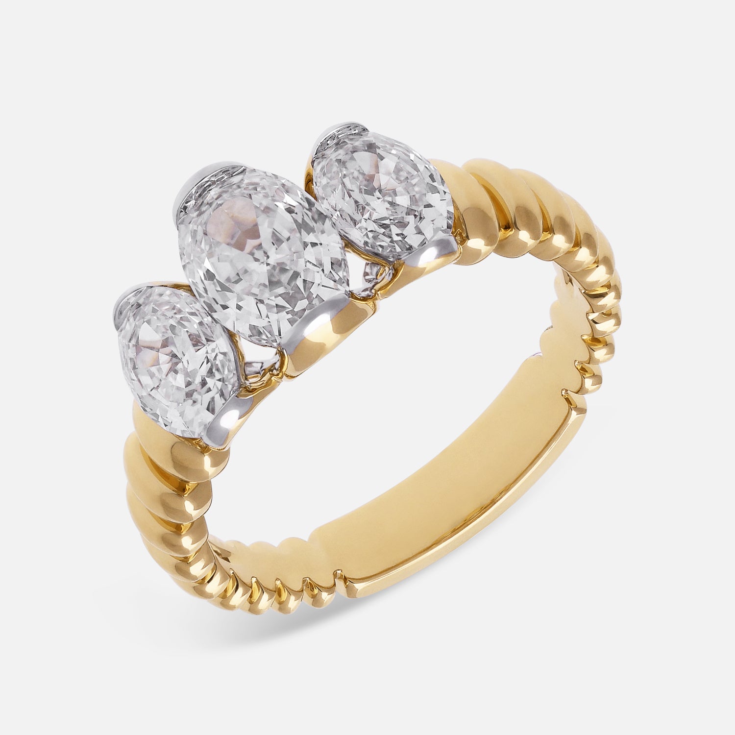 Yellow Gold Triple Oval Step Lab-Grown Diamond Ring with Ribbed Band | SKU : 0021923081