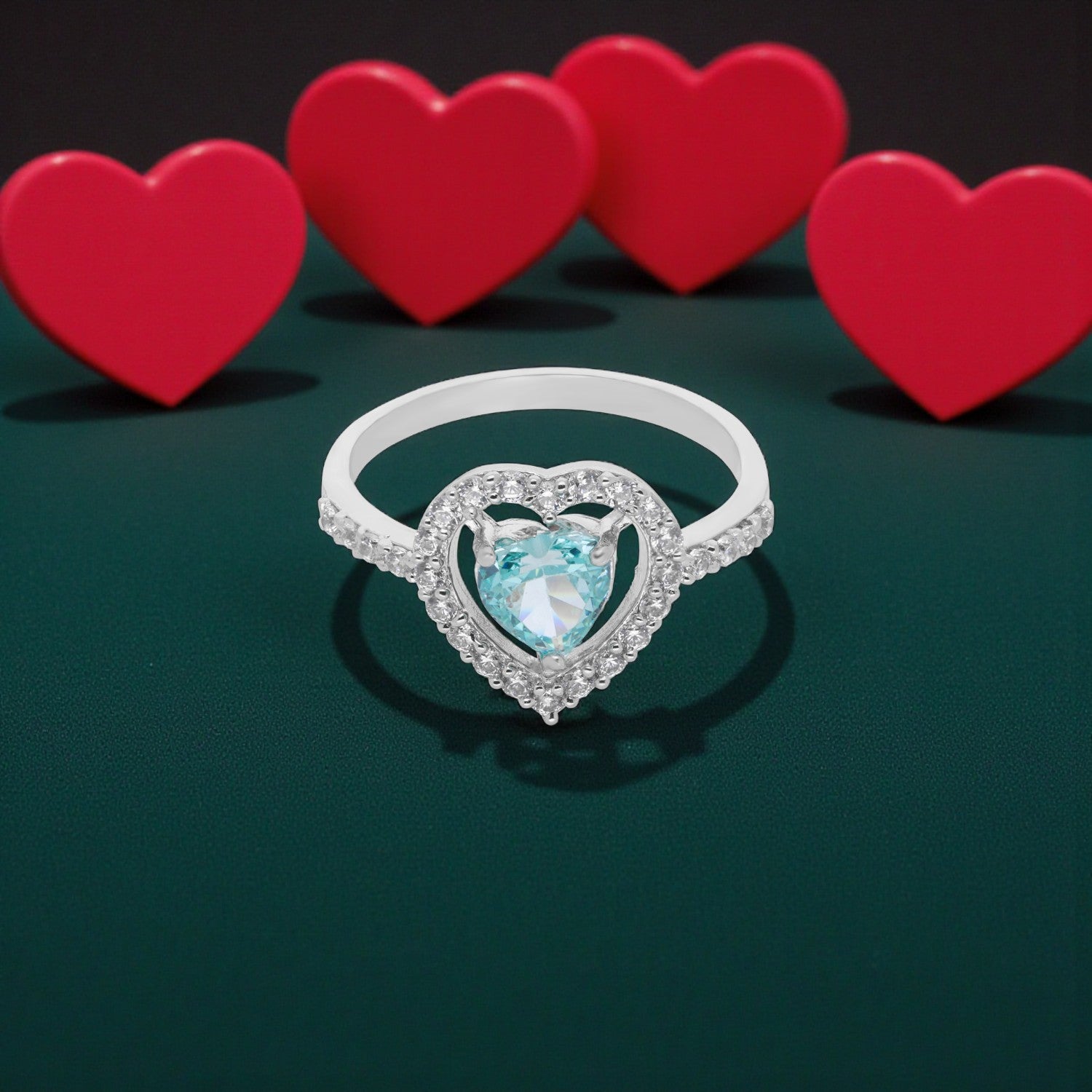 Sterling Silver Aqua Heart Halo Ring — Valentine Collection | SKU: 0022621375, 0022621382, 0022621399, 0005682461, 0005682478, 0005682485, 0005682492, 0005682508, 0005682515, 0005682522