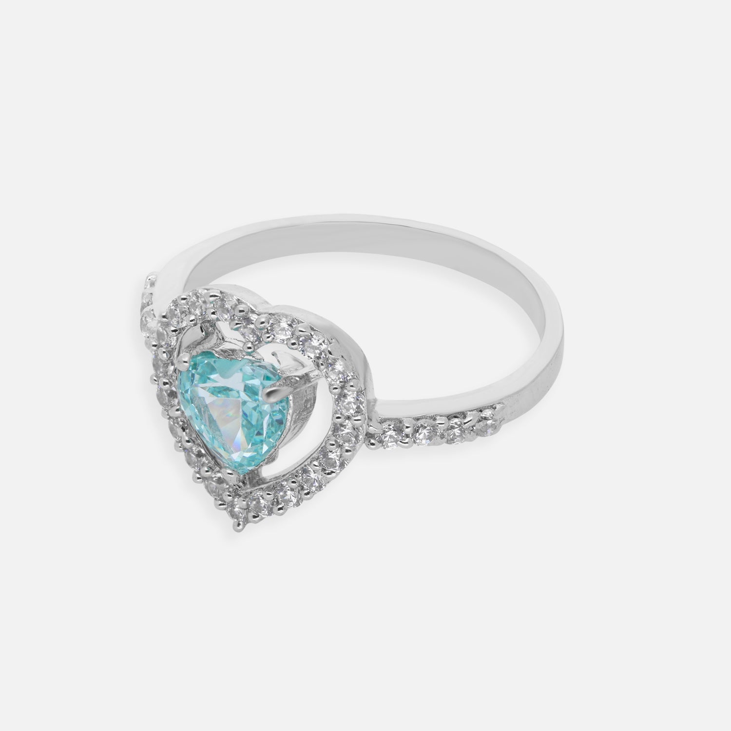 Sterling Silver Aqua Heart Halo Ring — Valentine Collection | SKU: 0022621375, 0022621382, 0022621399, 0005682461, 0005682478, 0005682485, 0005682492, 0005682508, 0005682515, 0005682522