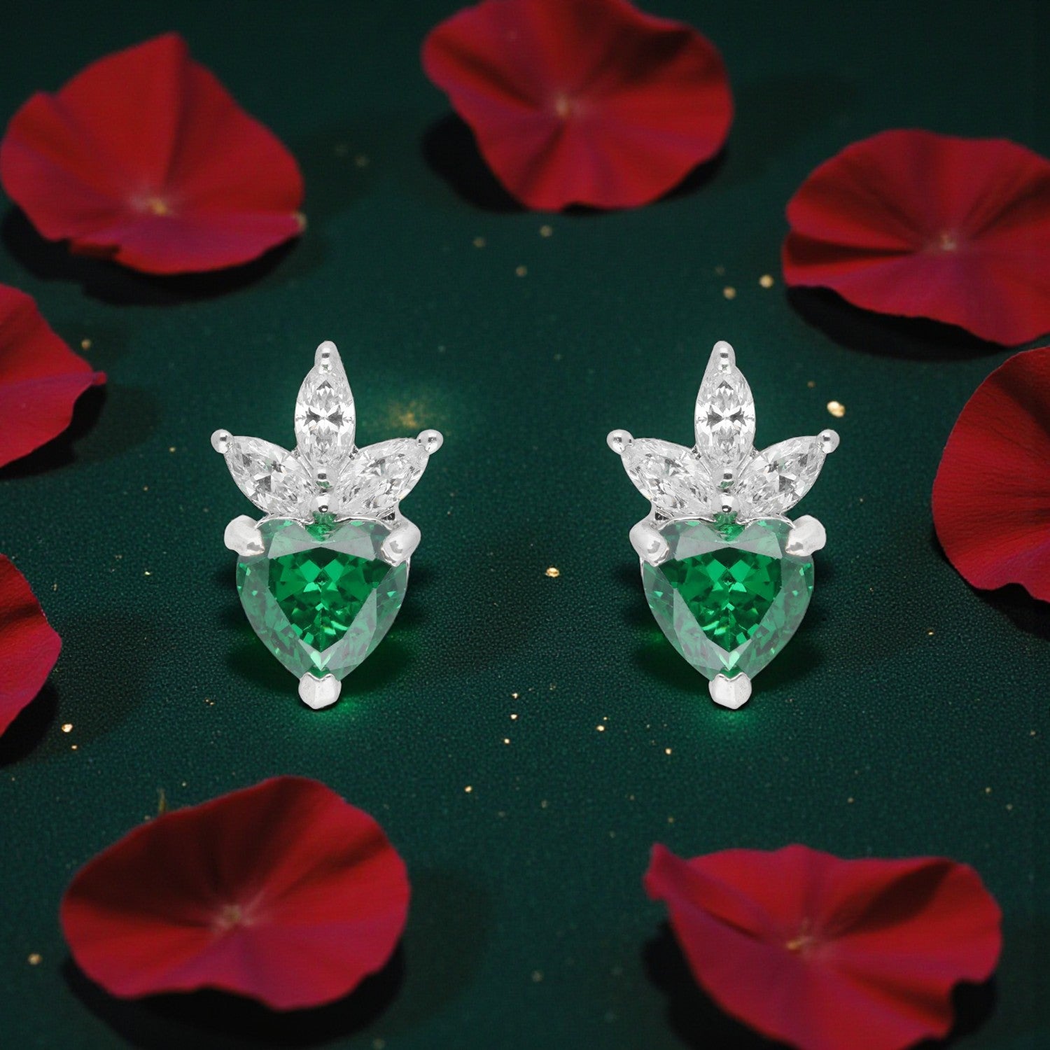 Sterling Silver Emerald Heart Crown Stud Earrings — Valentine Collection | SKU: 0022621566, 0022621573, 0022621580, 0005682898, 0005682904, 0005682911, 0005682928, 0005682935, 0005682942, 0005682959