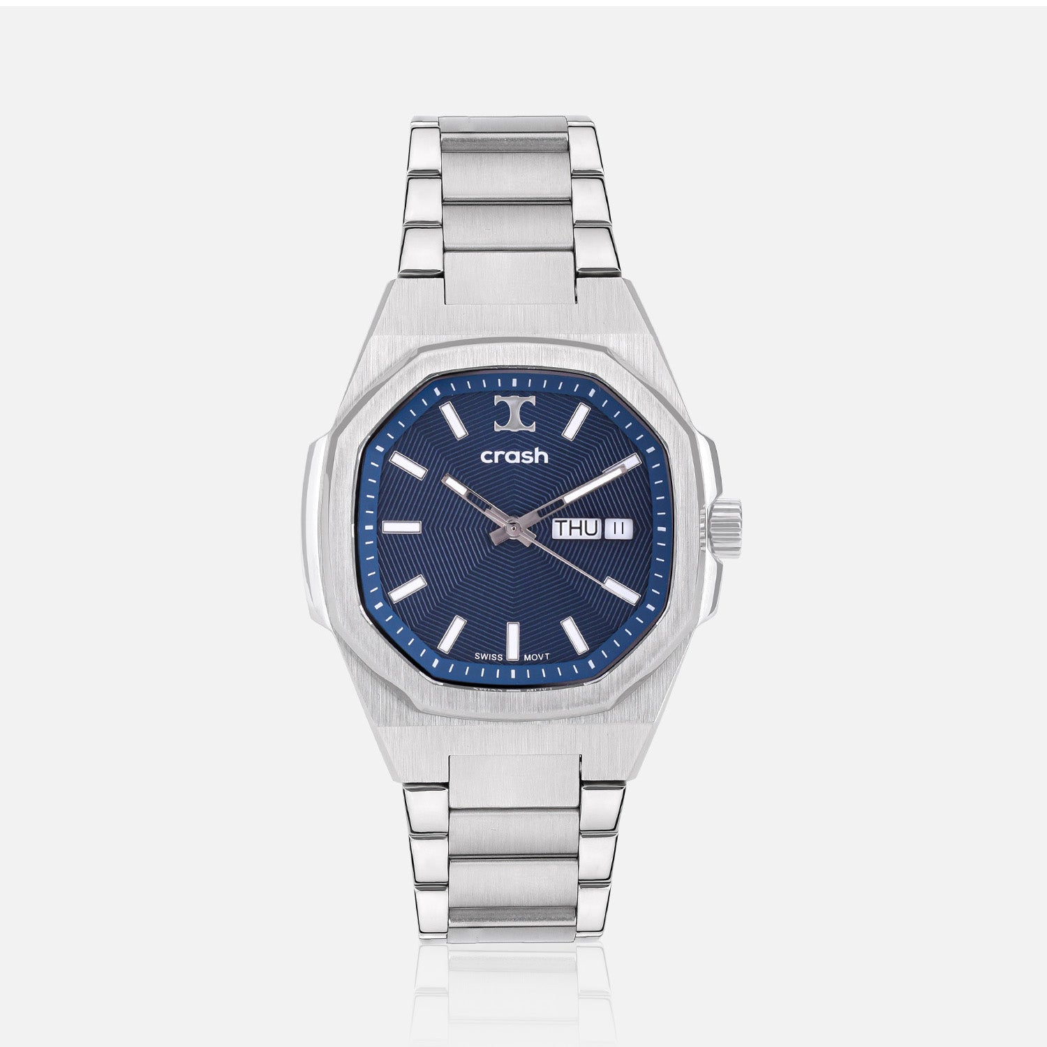 Swiss Movement Octagonal Silver Stainless Steel Watch For Men with Blue Dial by Crash | SKU : ACC2409