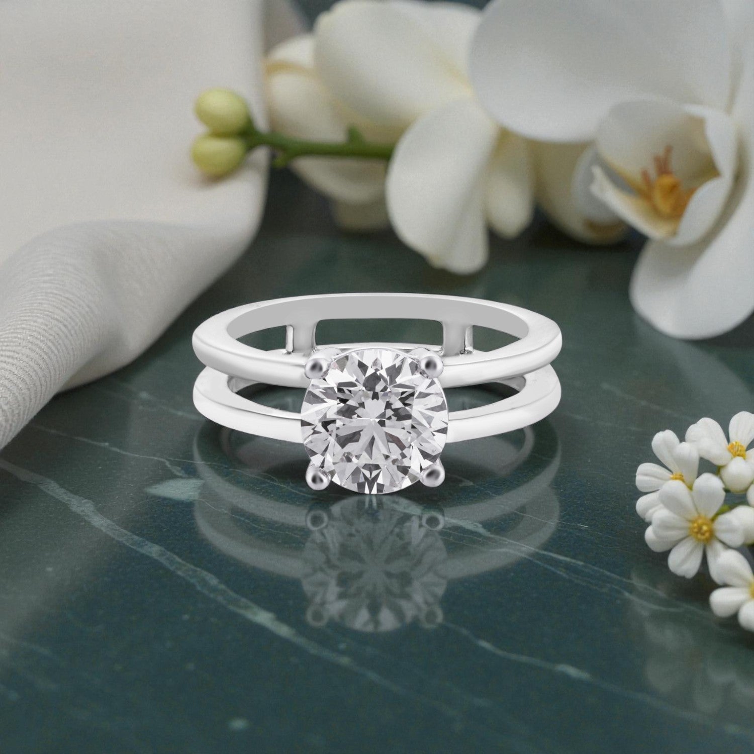Eternal Grace Lab Grown Round Diamond Ring in White Gold with Split Band Design | SKU : 0004953098