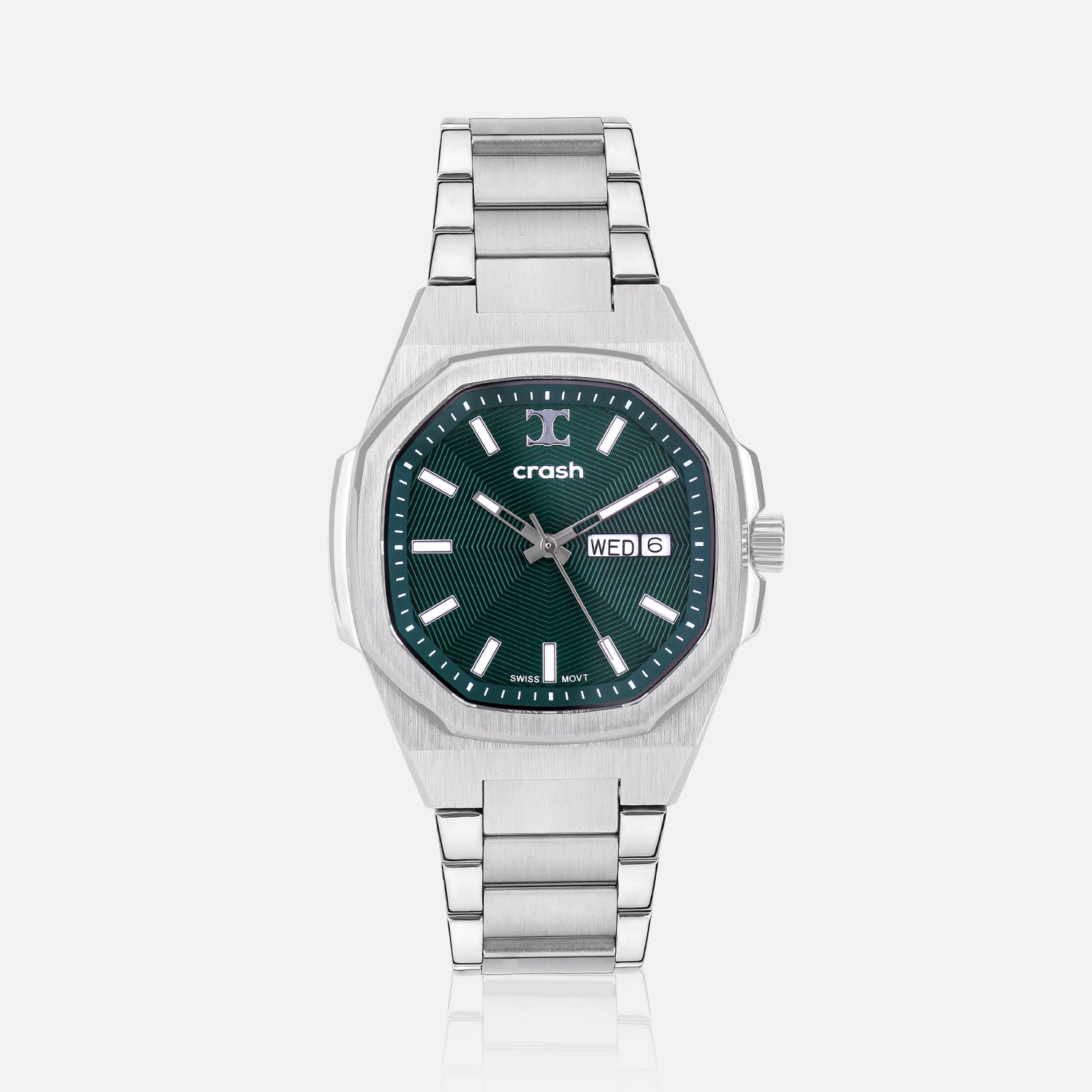 Swiss Movement Octagonal Silver Stainless Steel Watch For Men with Green Dial by Crash | SKU : ACC2408