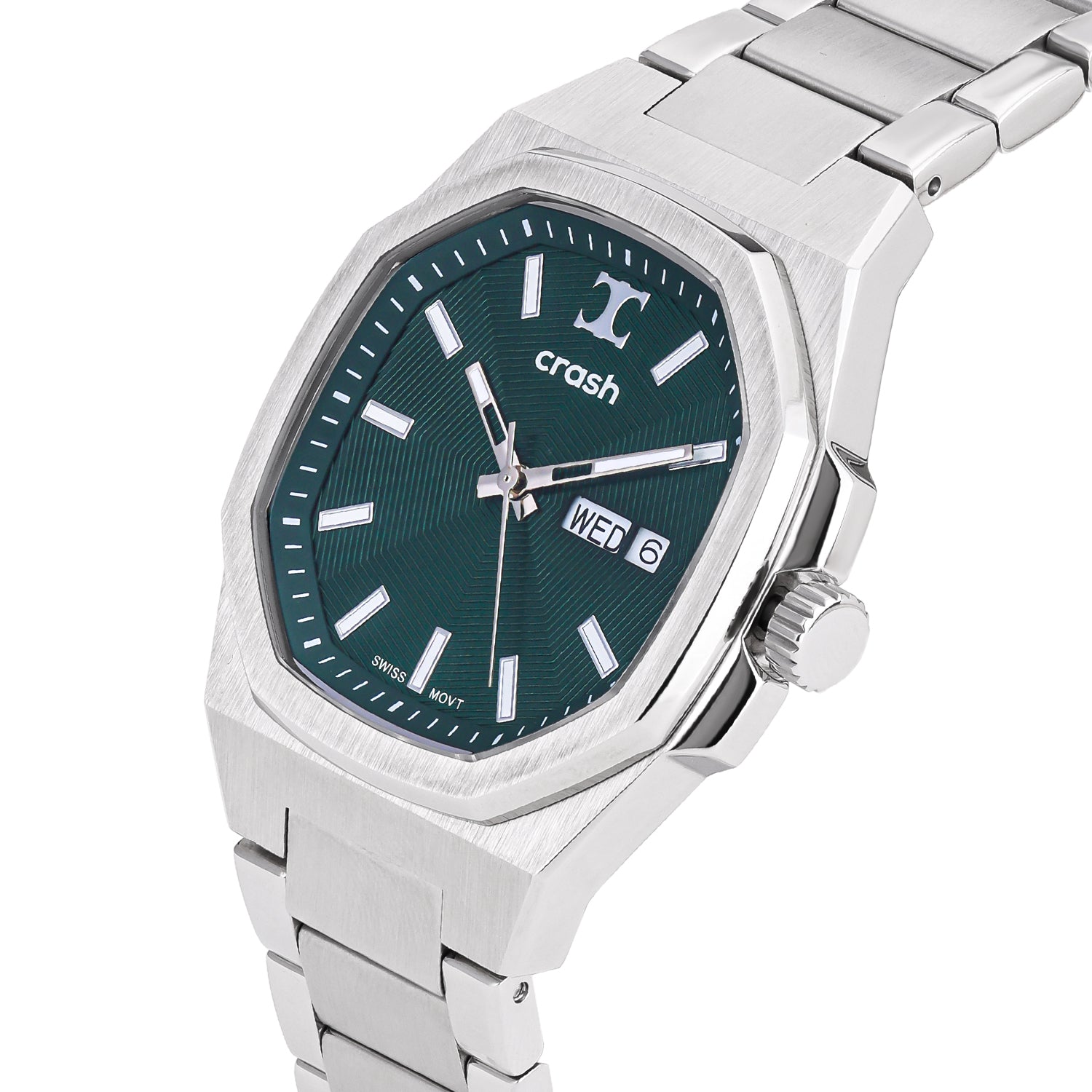 Swiss Movement Octagonal Silver Stainless Steel Watch For Men with Green Dial by Crash | SKU : ACC2408