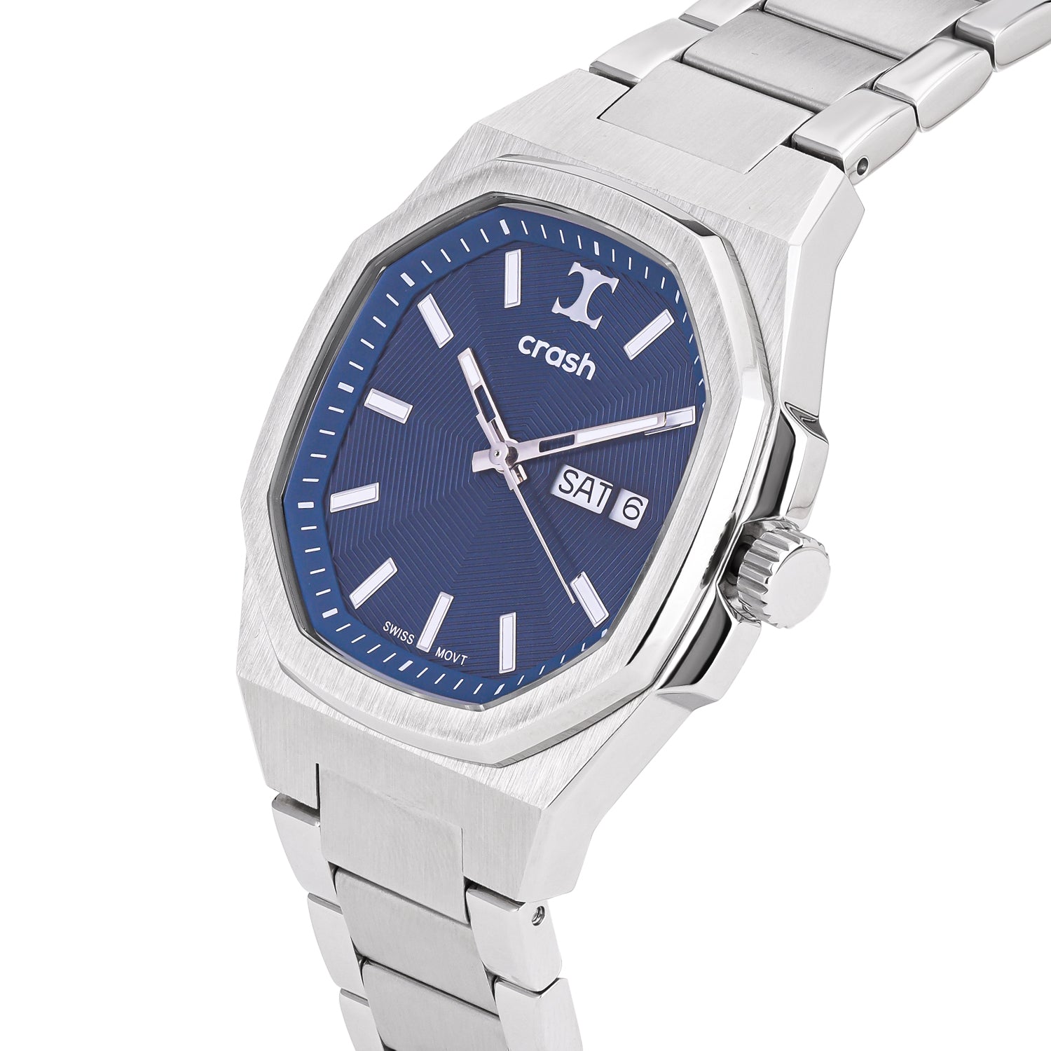 Swiss Movement Octagonal Silver Stainless Steel Watch For Men with Blue Dial by Crash | SKU : ACC2409
