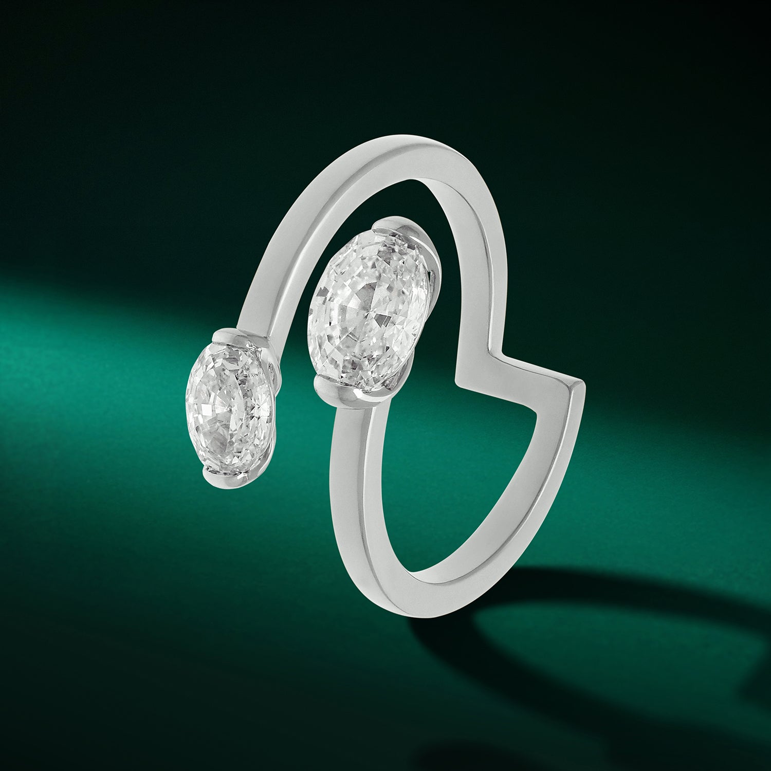 White Gold Open Band Ring with Oval Step-Cut Lab-Grown Diamonds | SKU : 0021929915