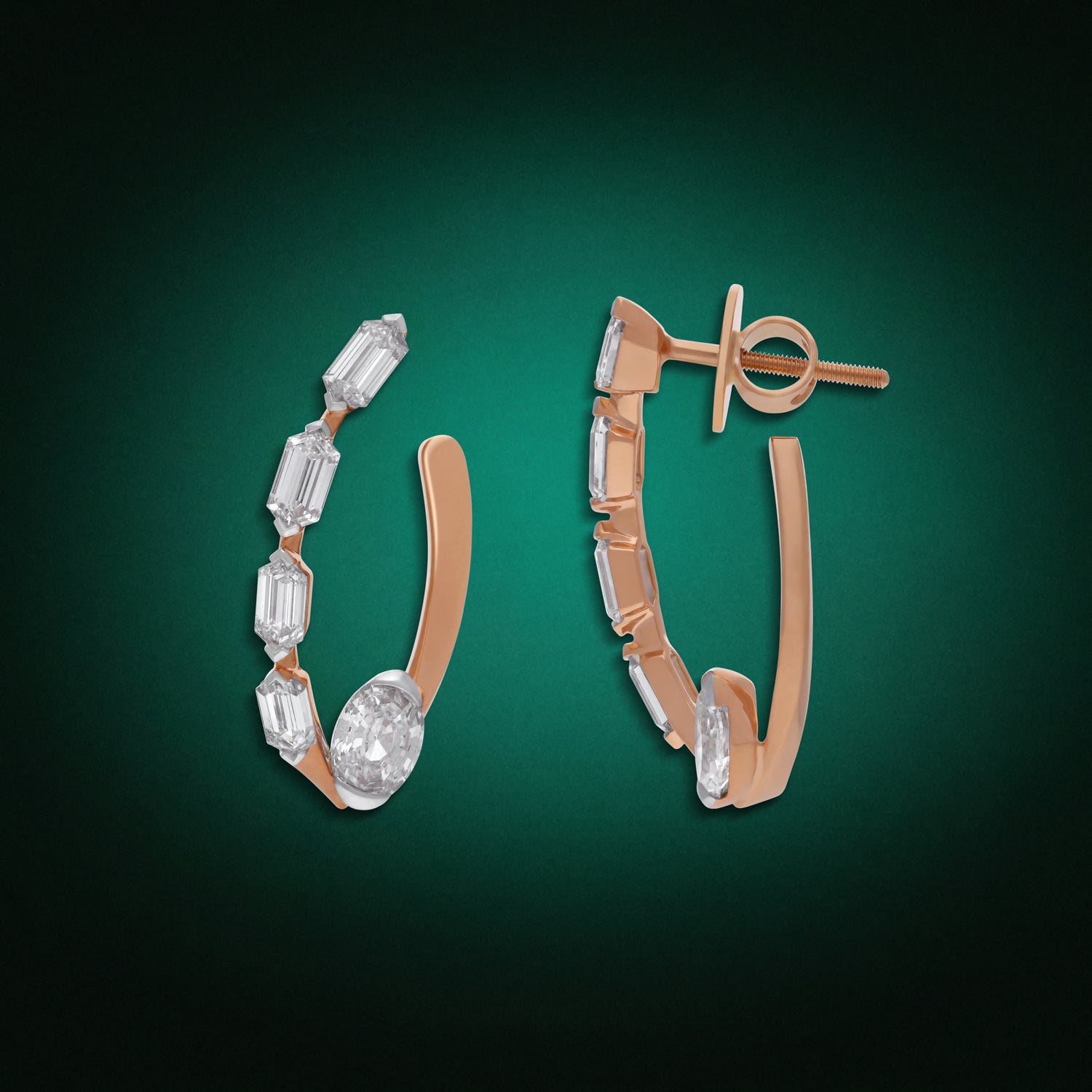 Sculptural Gold Tops with Oval Step Cut and Hexagonal Baguette-Cut Lab-Grown Diamonds in Curved Hoop Design | SKU : 0003761601