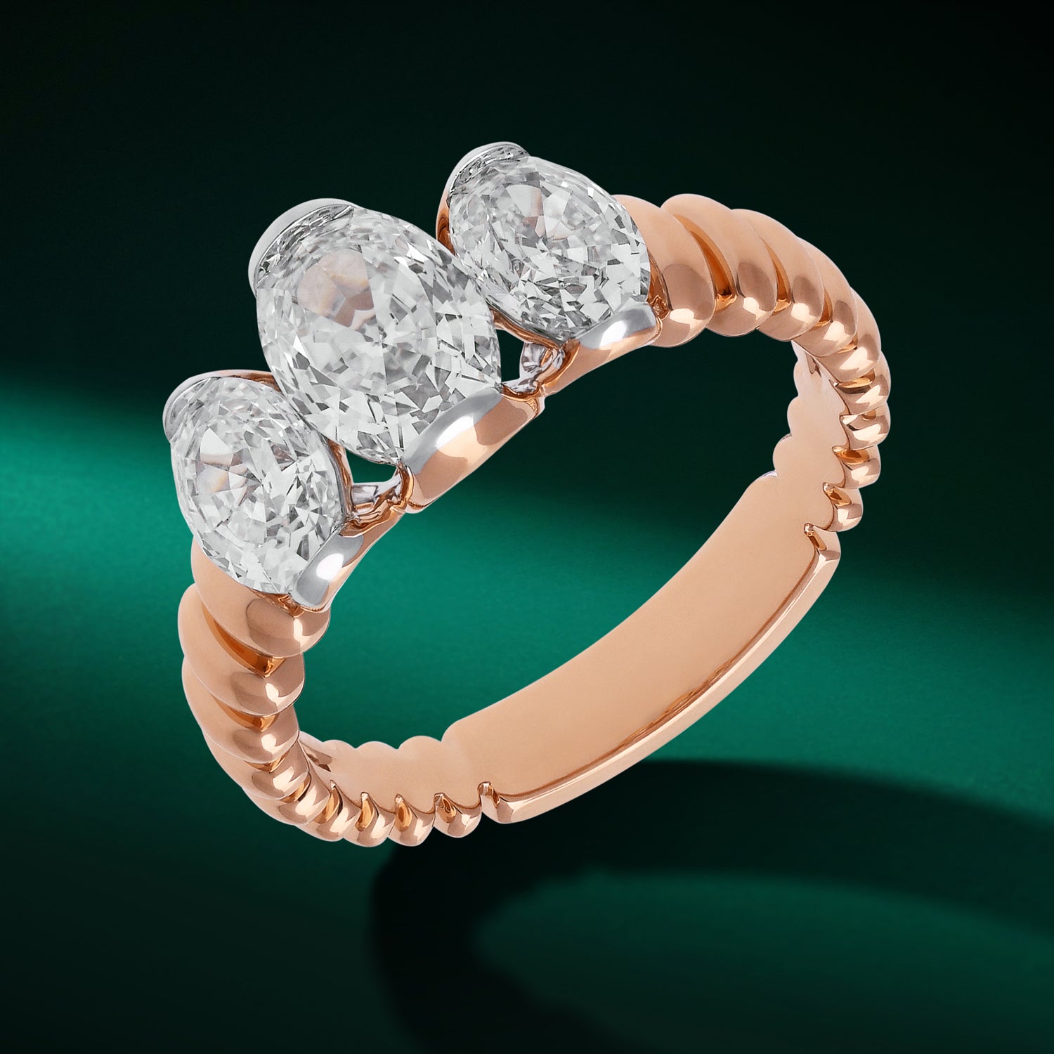 Rose Gold Textured Band Ring with Oval Step-Cut Lab-Grown Diamonds | SKU : 0003761656