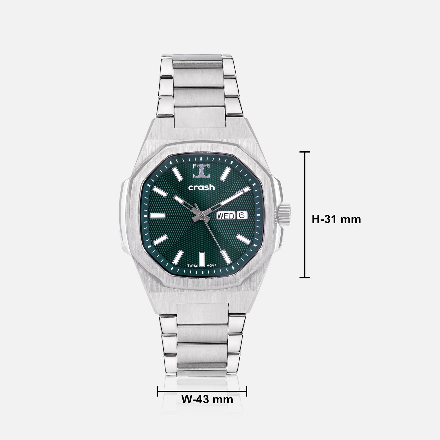 Swiss Movement Octagonal Silver Stainless Steel Watch For Men with Green Dial by Crash | SKU : ACC2408