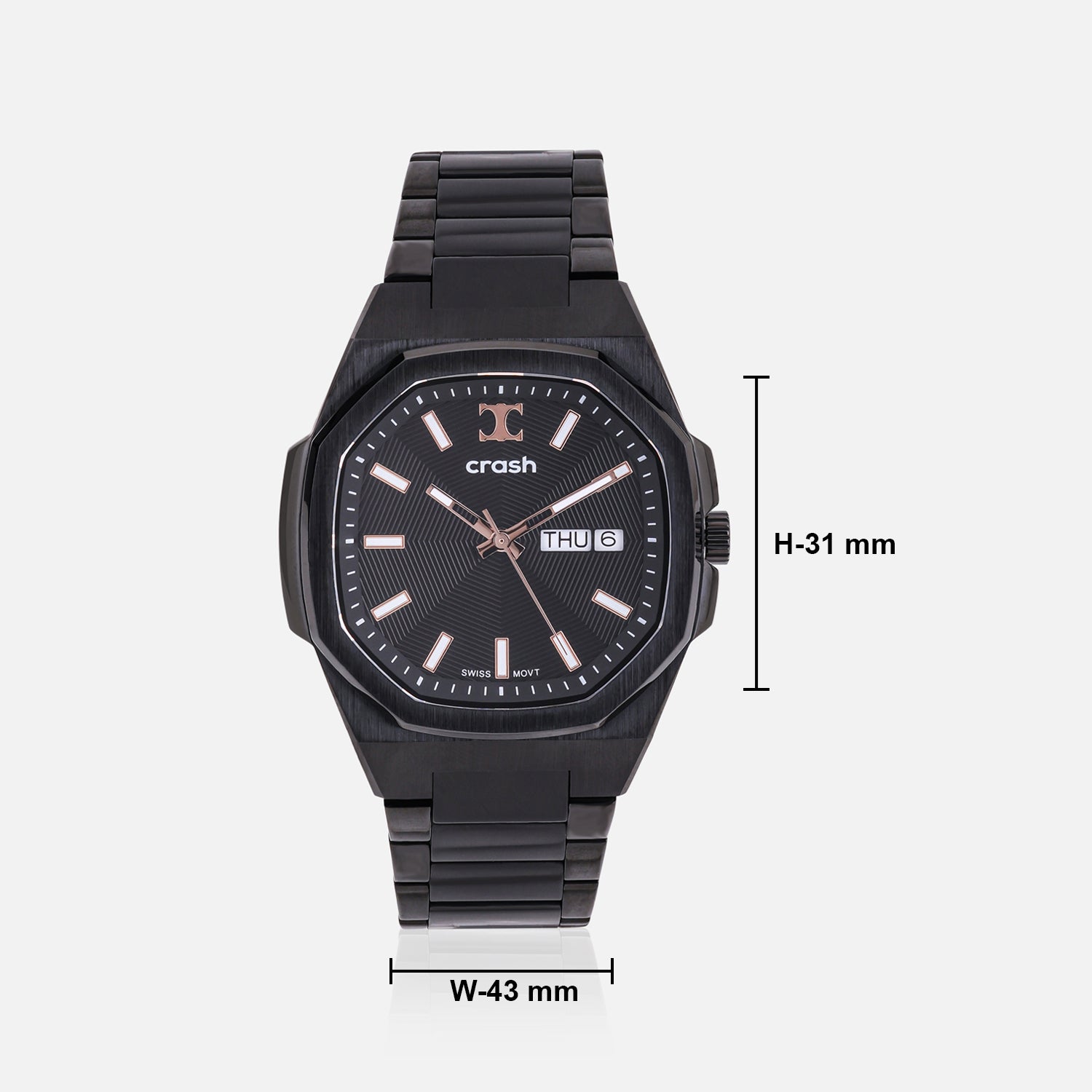 Swiss Movement Octagonal Black Stainless Steel Watch For Men with Black Dial by Crash | SKU : ACC2410