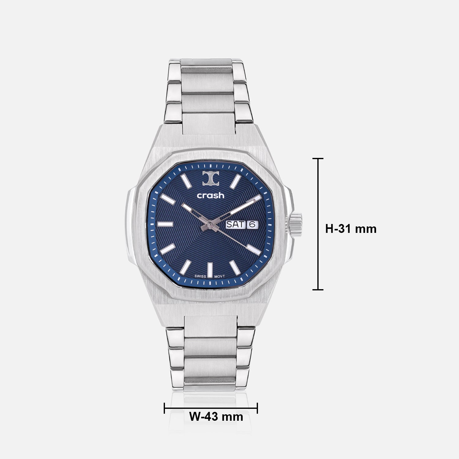 Swiss Movement Octagonal Silver Stainless Steel Watch For Men with Blue Dial by Crash | SKU : ACC2409