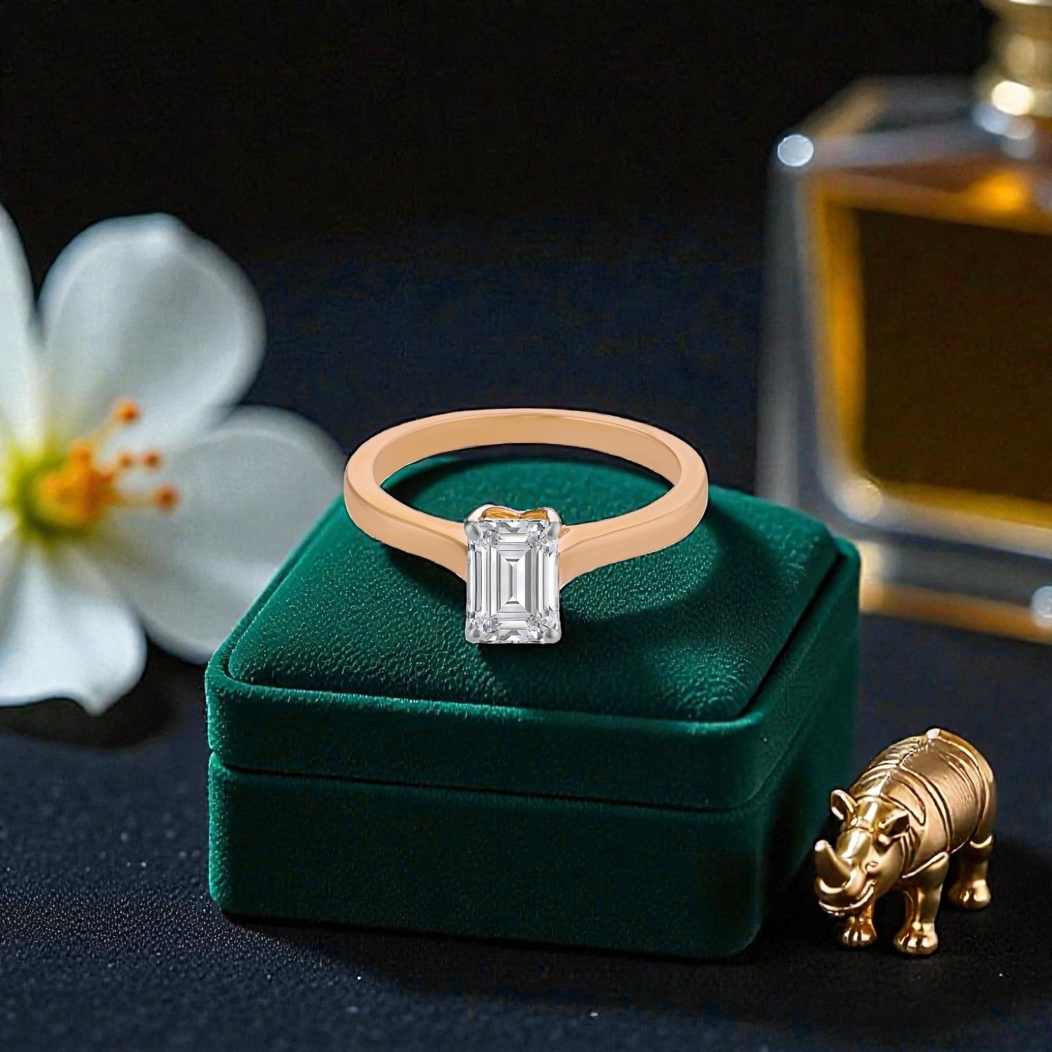 Lab Grown 1.090 Carat Emerald Cut Diamond Solitaire Ring in 18 Karat Rose Gold | SKU : 0005149773