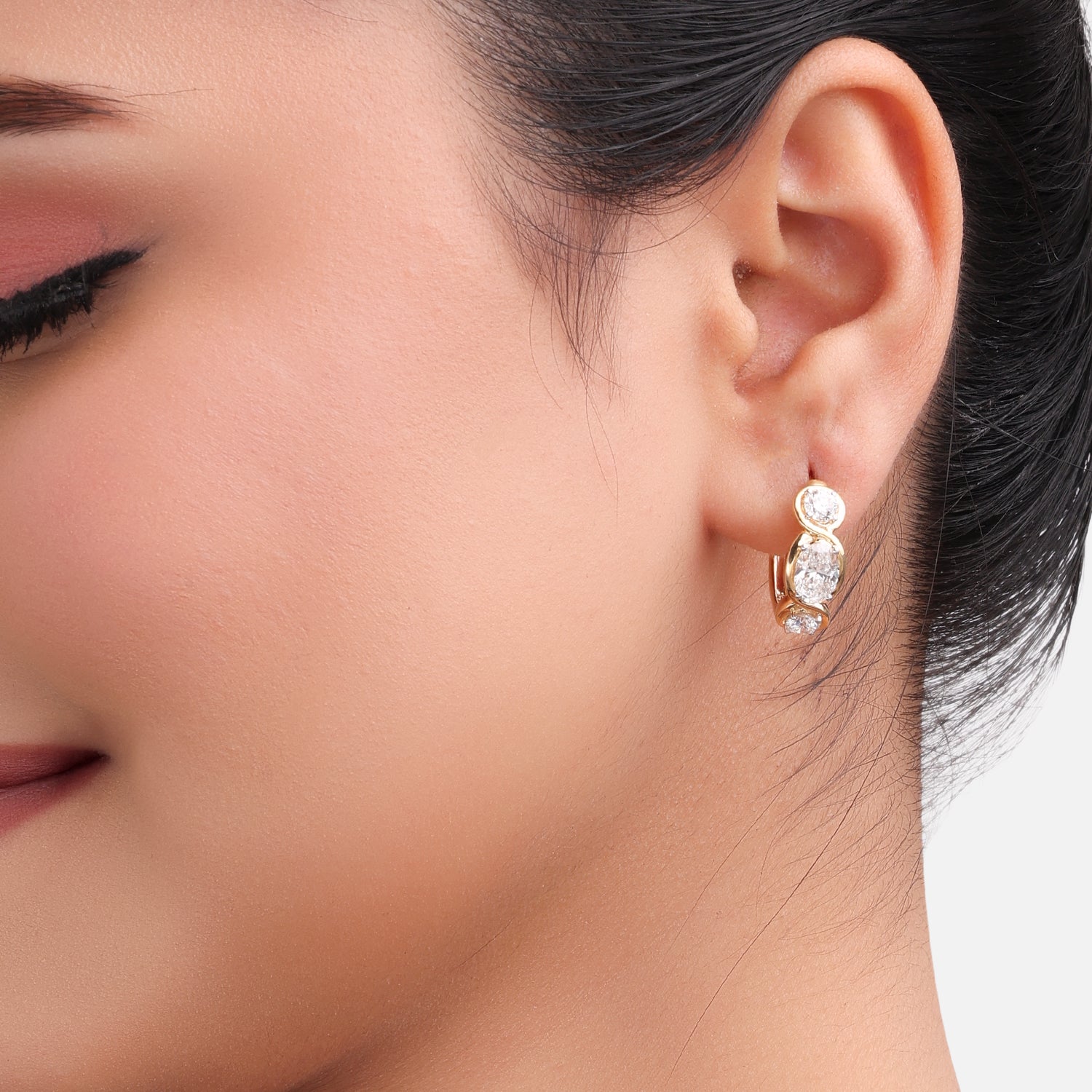 Lab Grown 2.04 Carat Oval & Round Diamond Huggie Earrings in 18 Karat Yellow Gold | SKU : 0005150137