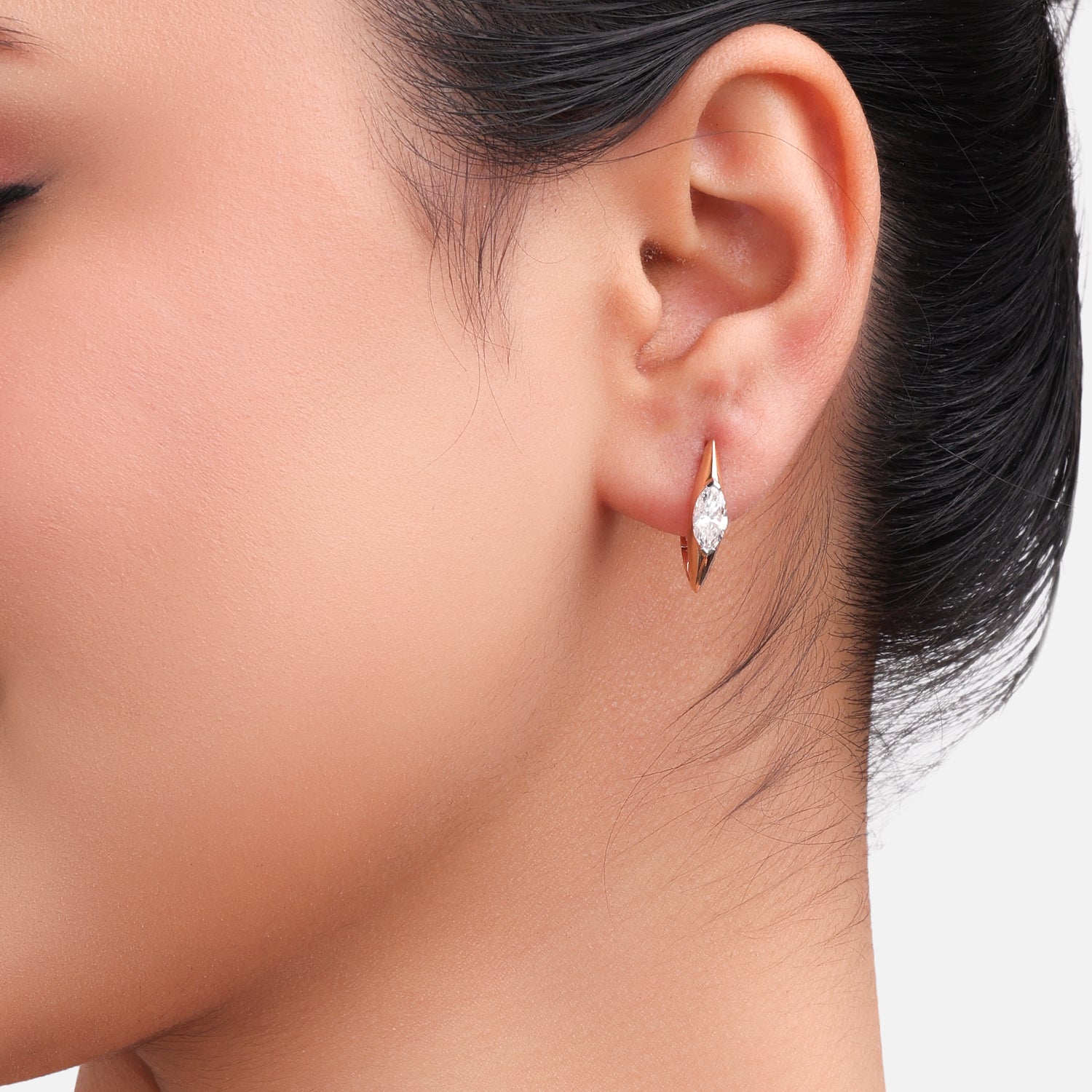 Lab Grown 1.00 Carat Marquise Diamond Huggie Earrings in 18 Karat Rose Gold | SKU : 0005150144