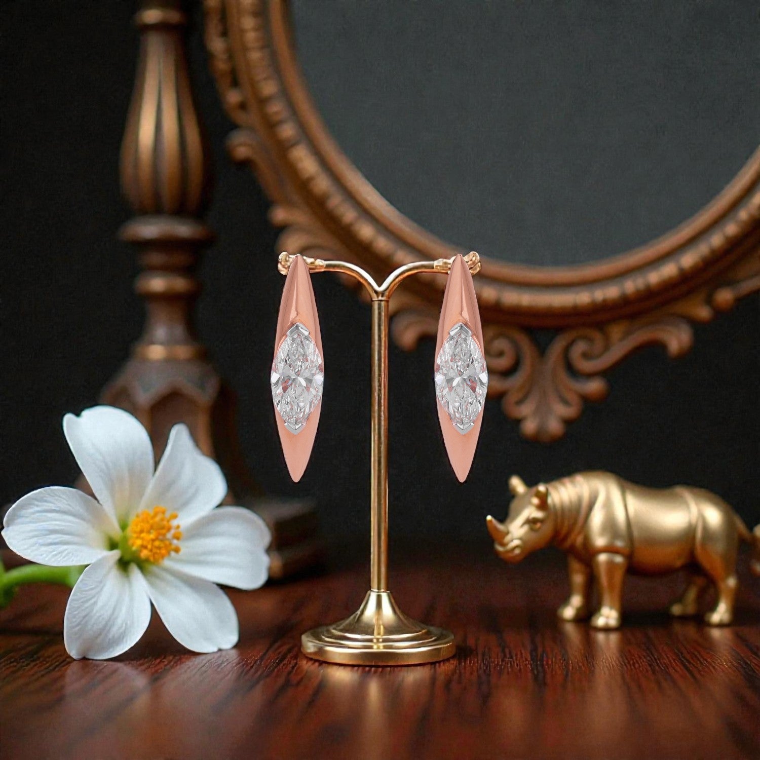 Lab Grown 1.00 Carat Marquise Diamond Huggie Earrings in 18 Karat Rose Gold | SKU : 0005150144