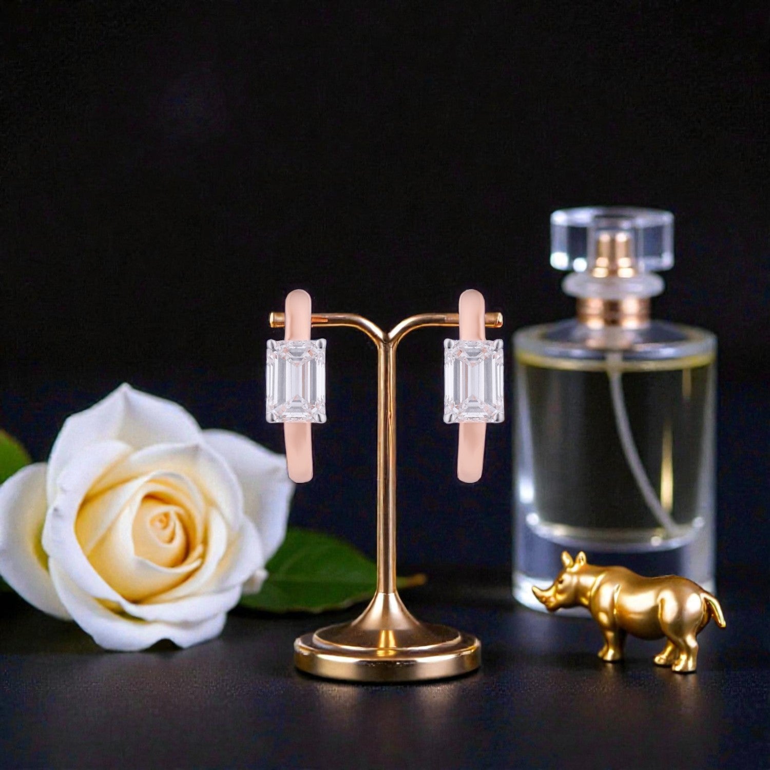 Lab Grown 1.59 Carat Emerald Cut Diamond Huggie Earrings in 18 Karat Rose Gold | SKU : 0005150151