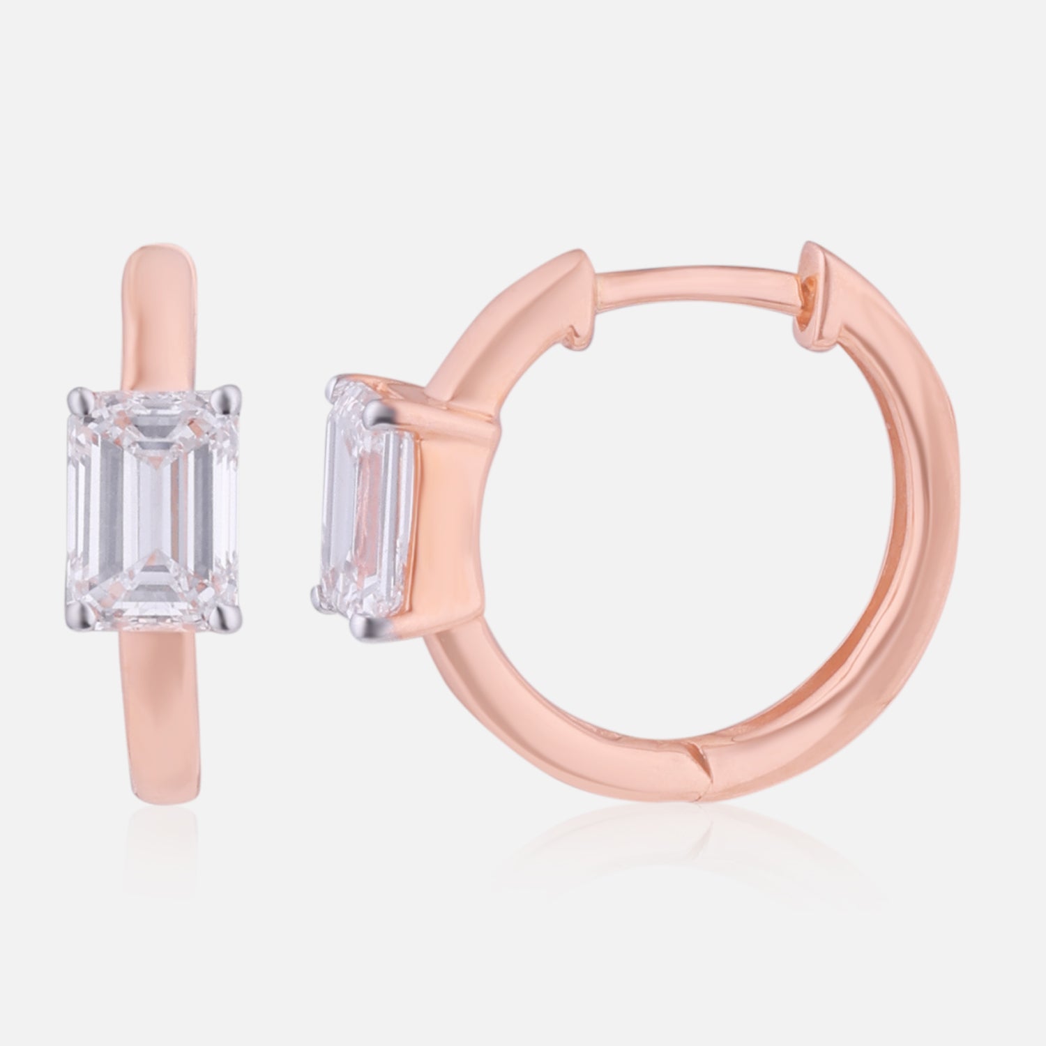 Lab Grown 1.59 Carat Emerald Cut Diamond Huggie Earrings in 18 Karat Rose Gold | SKU : 0005150151