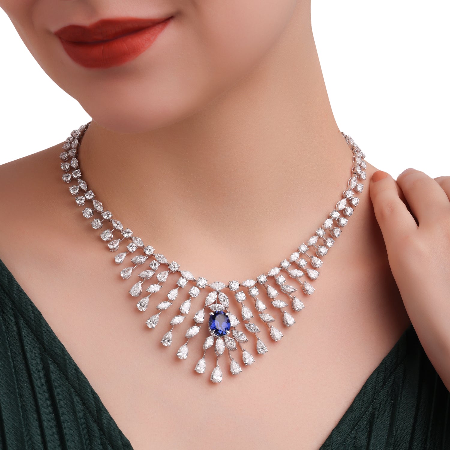 Lab Grown 41.93 Carat Diamond Necklace with Blue Sapphire in 18 Karat White Gold | SKU : 0005164301