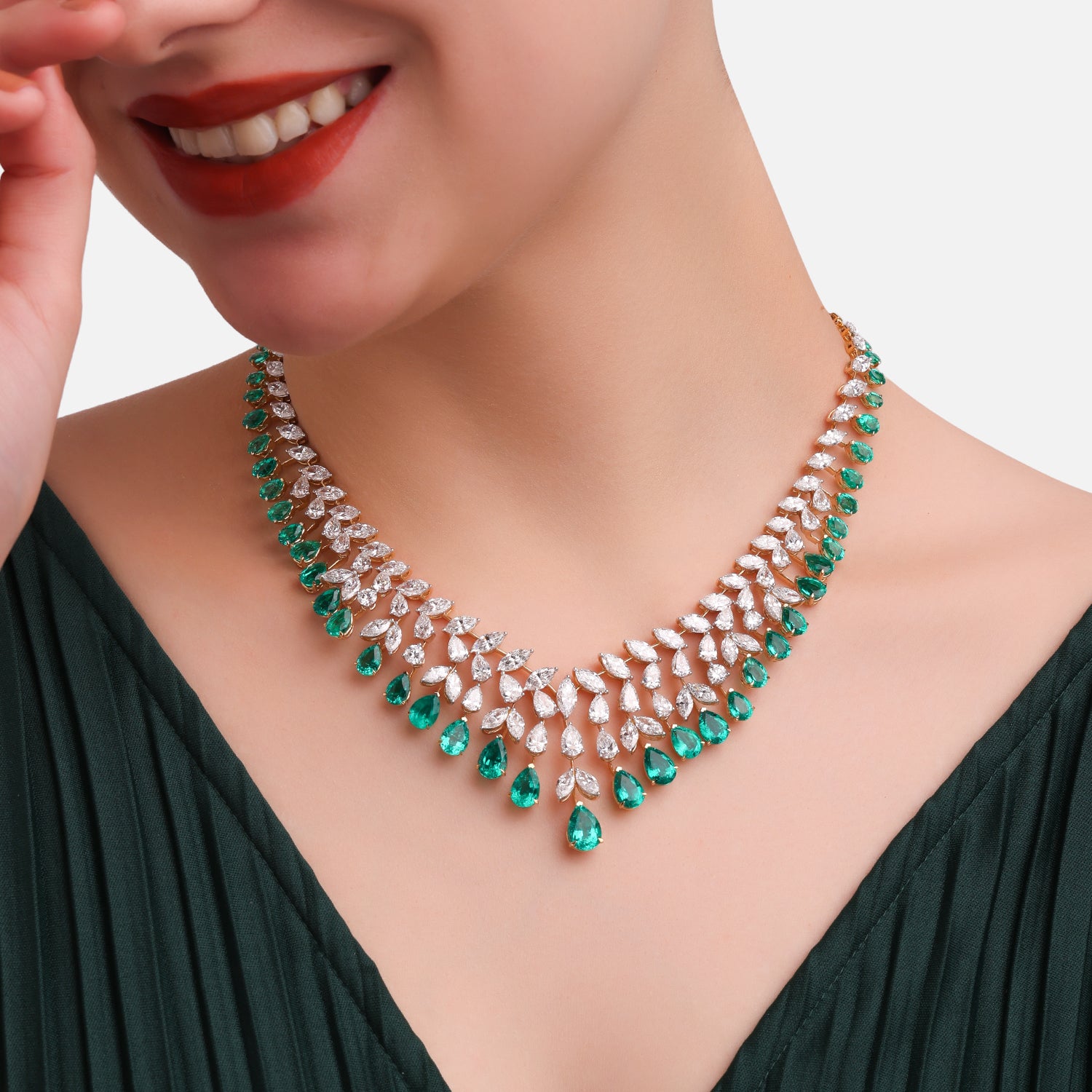 Lab Grown 33.46 Carat Diamond Necklace with Emerald Drops in 18 Karat Yellow Gold | SKU : 0005165063
