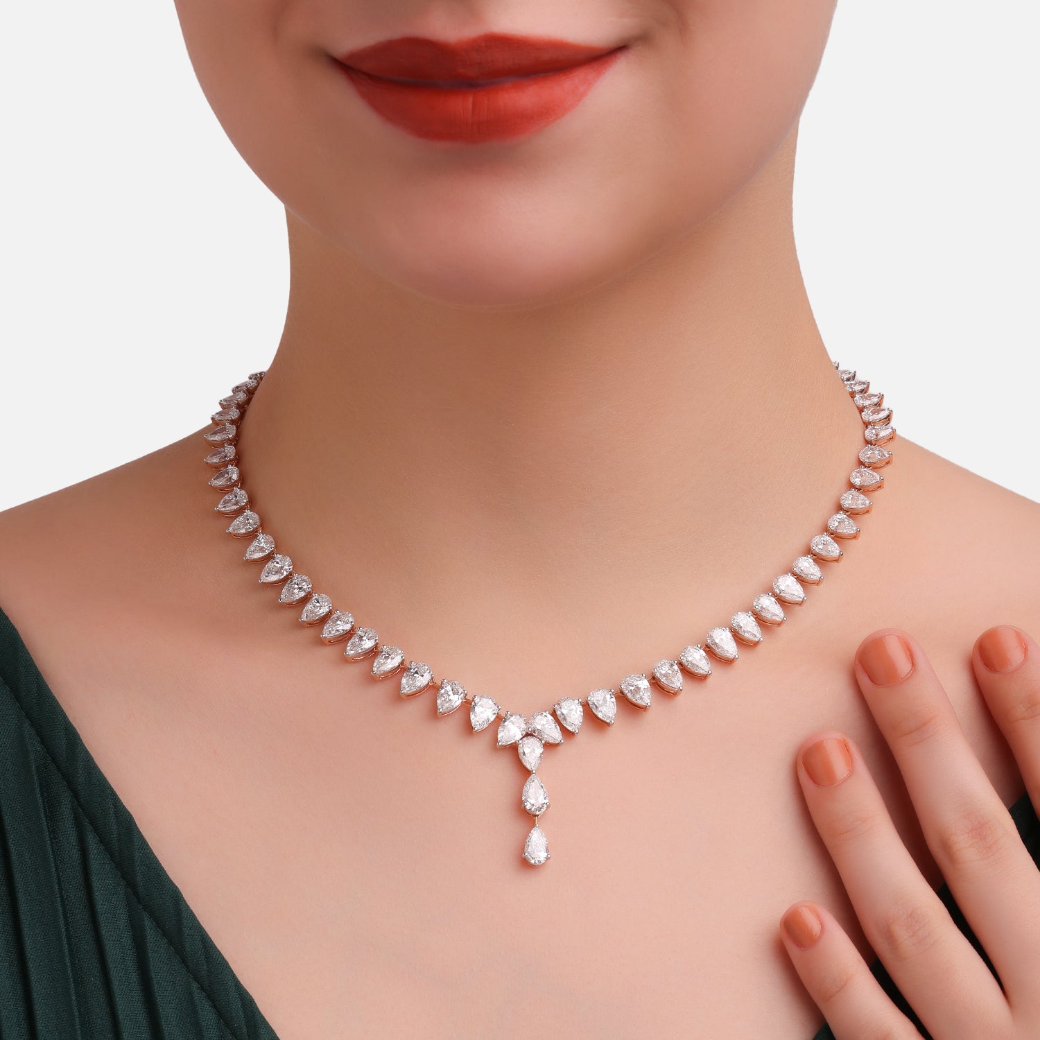 Lab Grown 29.90 Carat Pear Cut Diamond Drop Necklace in 18 Karat Rose Gold | SKU : 0005166152