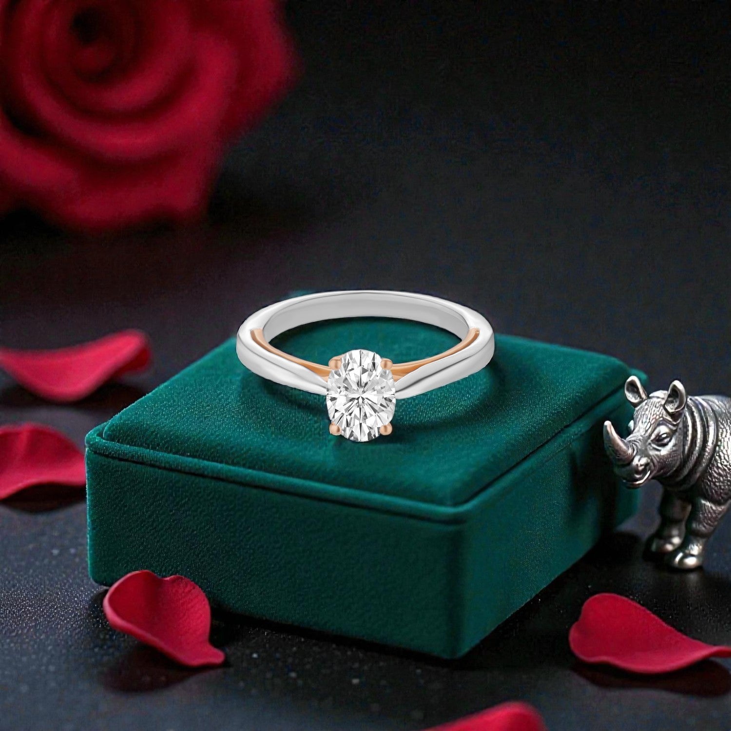 Lab Grown 0.980 Carat Oval Cut Solitaire Ring in 18 Karat White & Rose Gold Jewellery | SKU : 0005174072