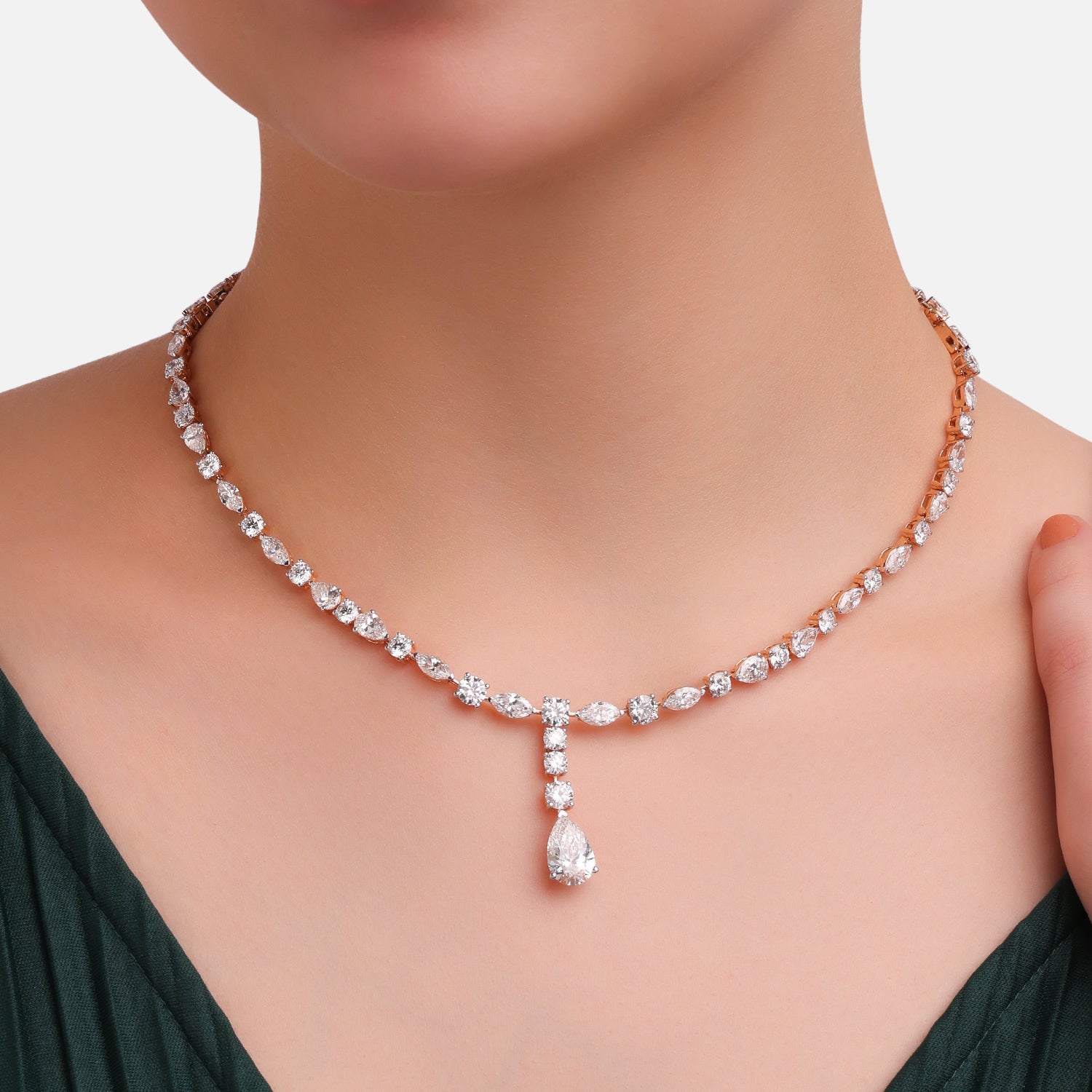 Lab Grown 26.07 Carat Round Brilliant & Marquise Diamond Drop Necklace in 18 Karat Rose Gold | SKU : 0005197897