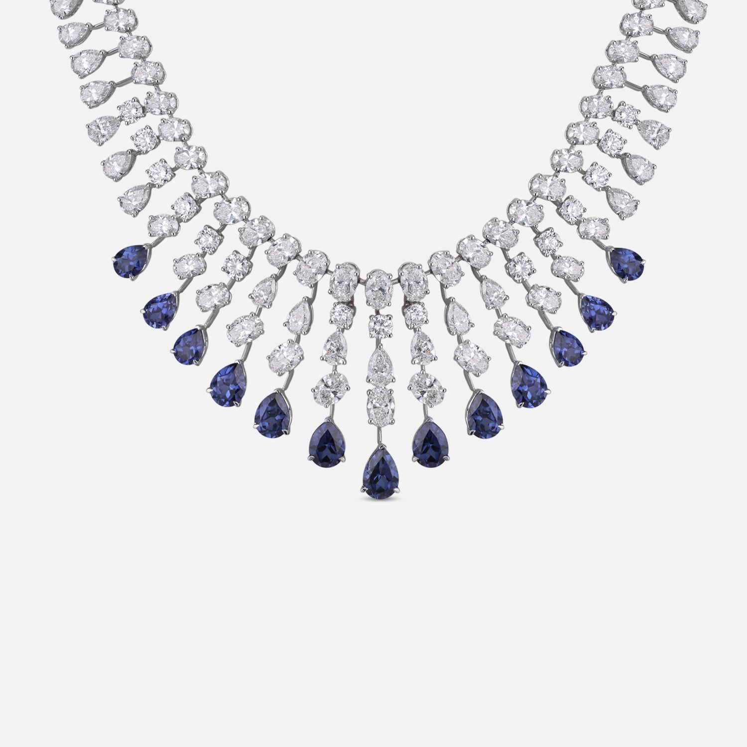 Lab Grown 40.32 Carat Diamond Necklace with Blue Sapphire Drops in 18 Karat White Gold | SKU : 0005201419