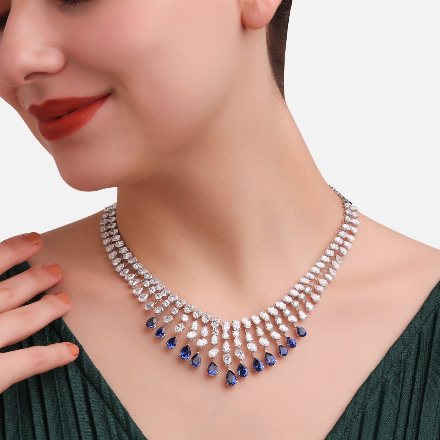 Lab Grown 40.32 Carat Diamond Necklace with Blue Sapphire Drops in 18 Karat White Gold | SKU : 0005201419