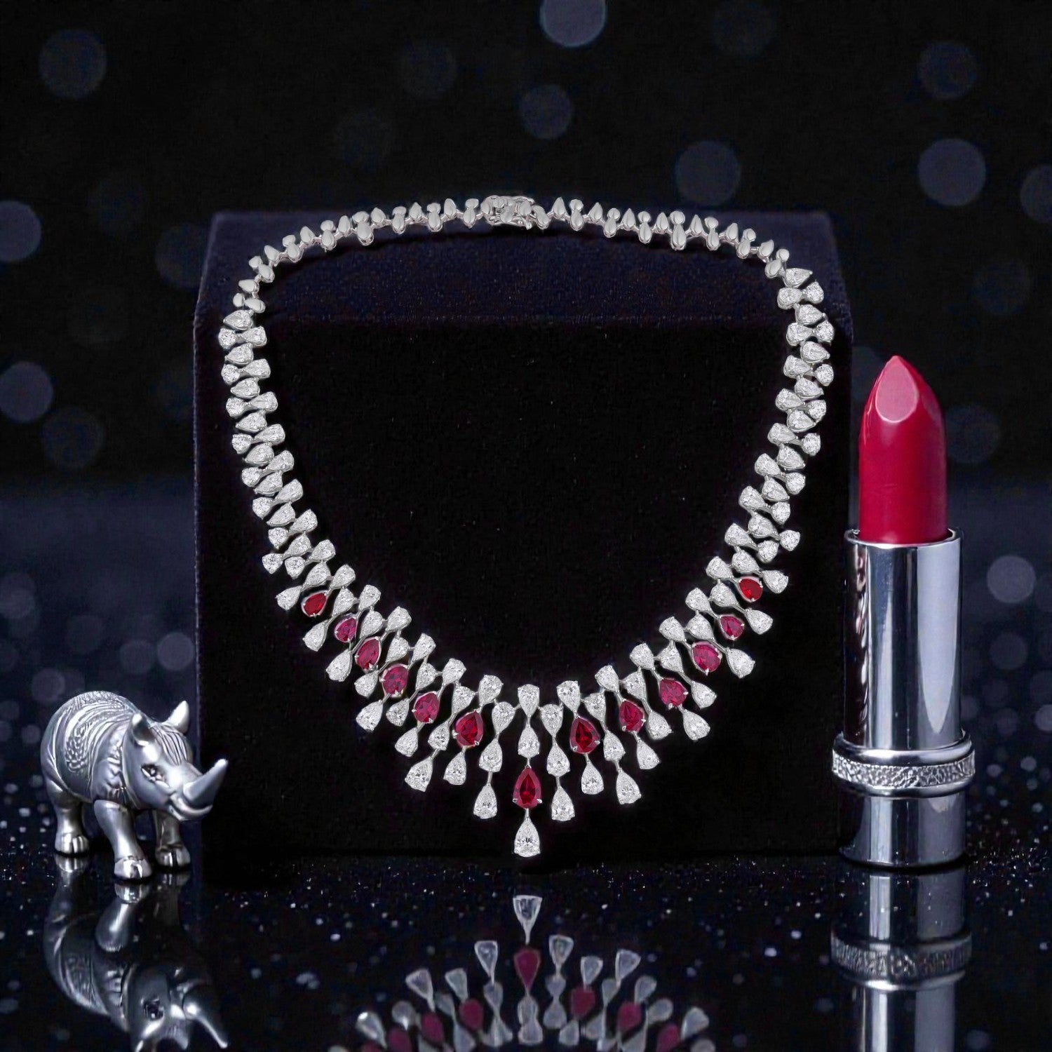 Lab Grown 38.81 Carat Diamond Necklace with Ruby Drops in 18 Karat White Gold | SKU : 0005211029