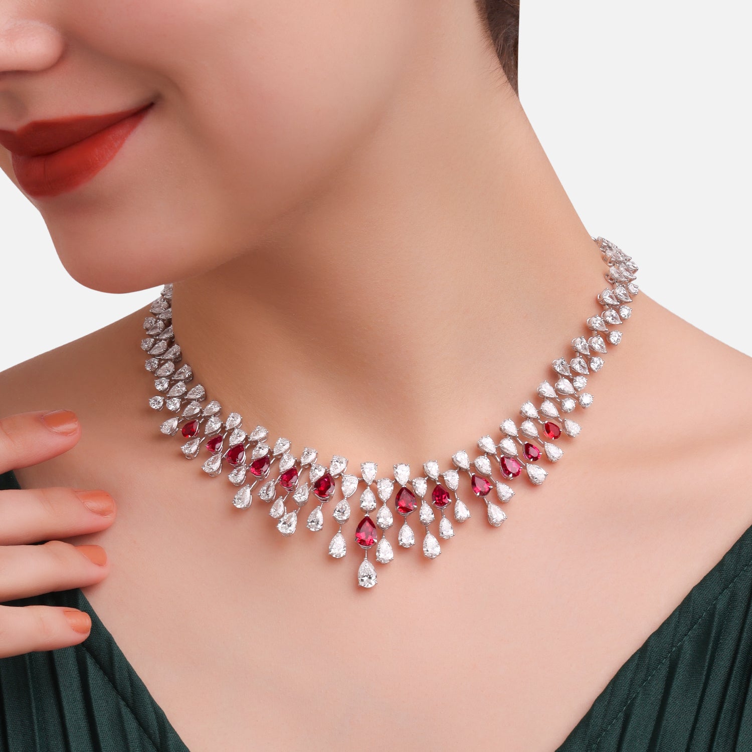 Lab Grown 38.81 Carat Diamond Necklace with Ruby Drops in 18 Karat White Gold | SKU : 0005211029