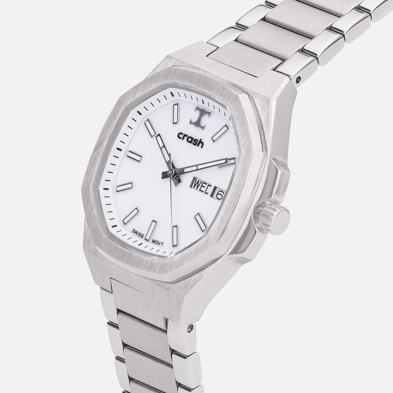 Swiss Movement Octagonal Silver Stainless Steel Watch For Women with White Dial by Crash | SKU : SWISS ACC2405