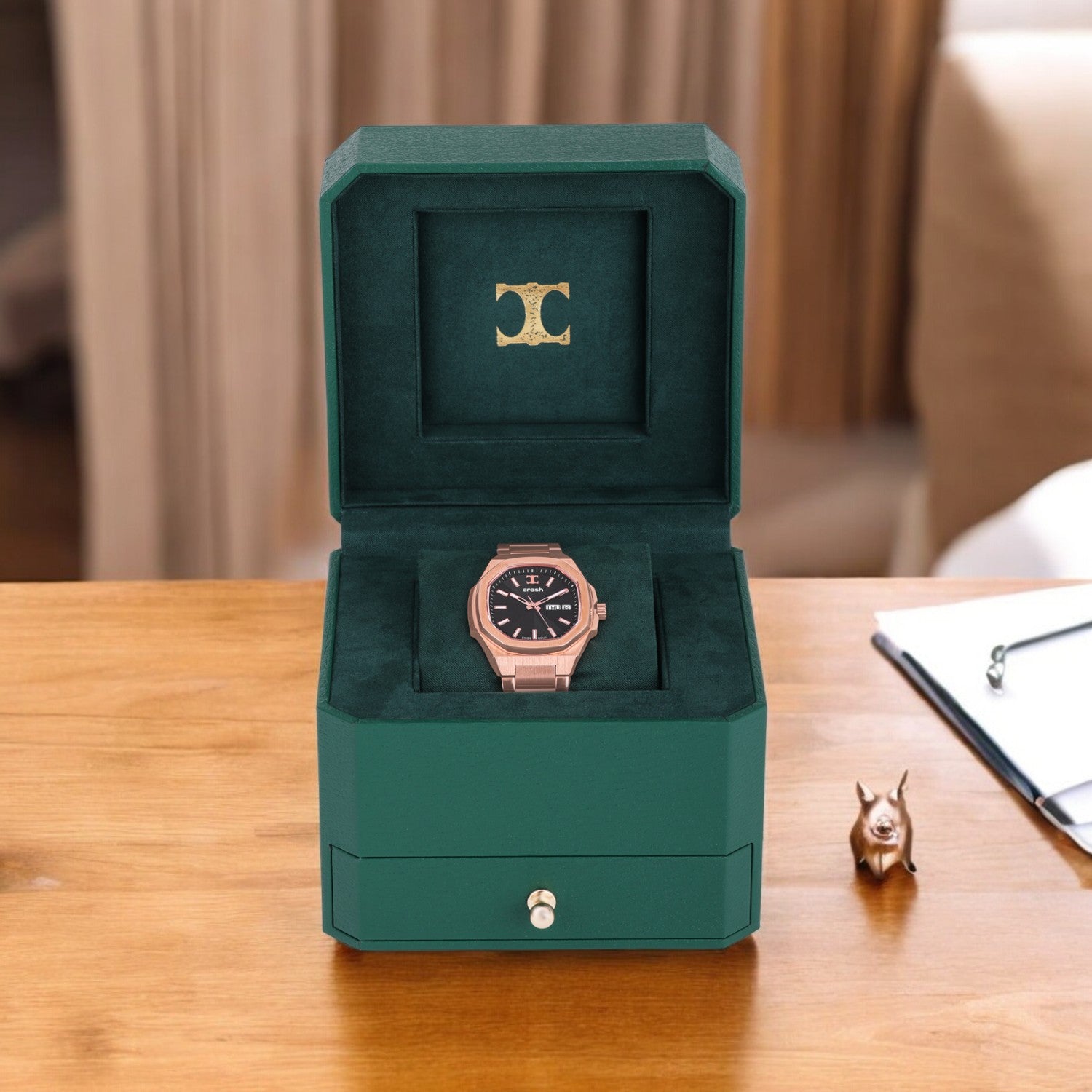 Swiss Movement Octagonal Rose Gold Stainless Steel Watch For Women with Black Dial by Crash | SKU : ACC2407