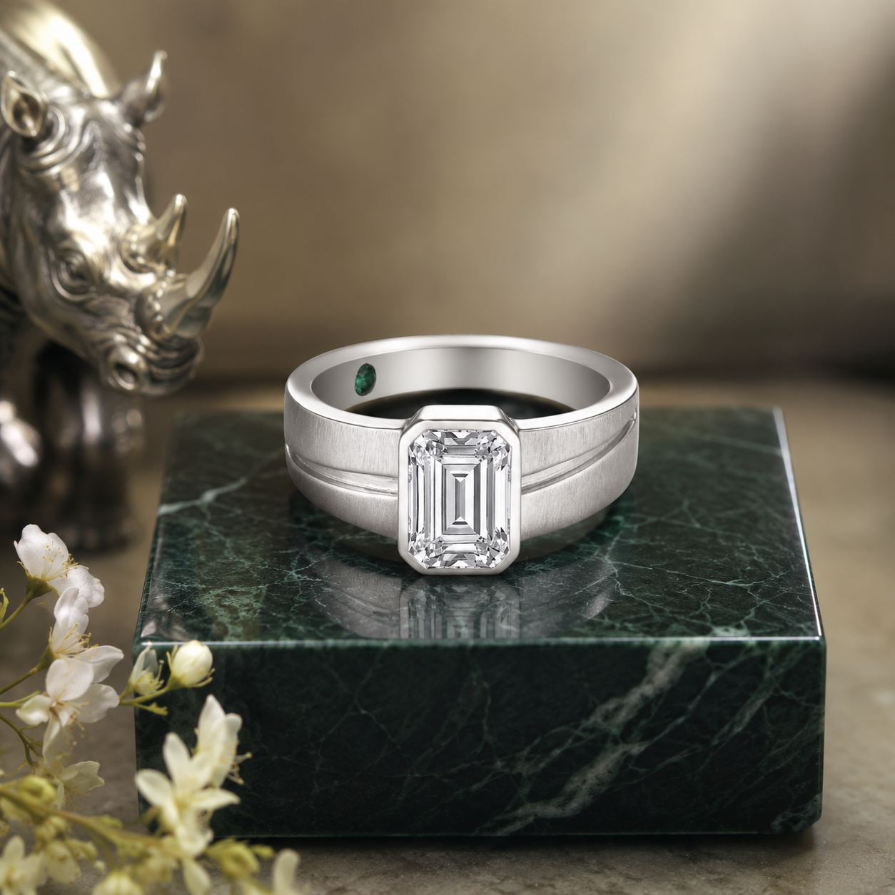 Modern Platinum Emerald Cut Lab Grown Diamond Bezel Solitaire Ring | SKU: 0006503741