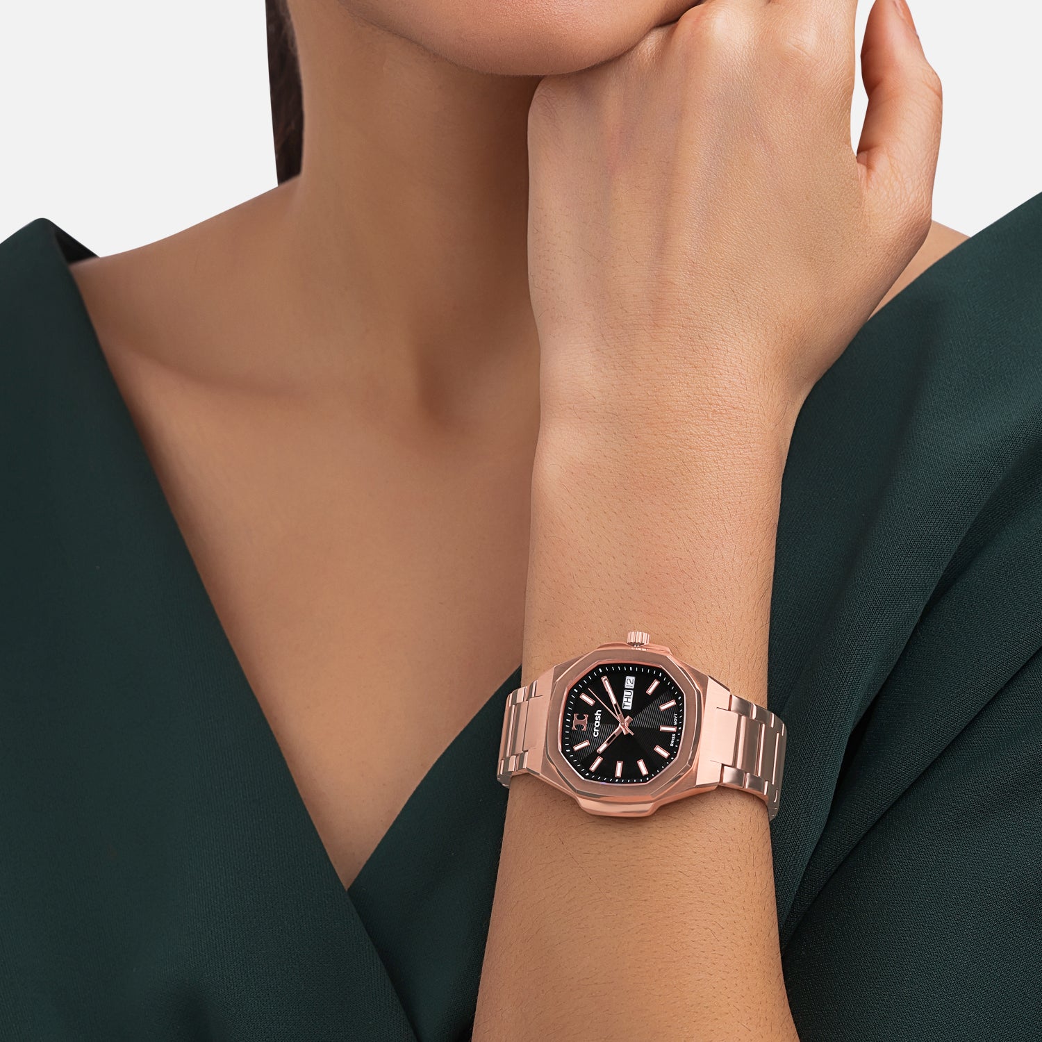 Swiss Movement Octagonal Rose Gold Stainless Steel Watch For Women with Black Dial by Crash | SKU : ACC2407