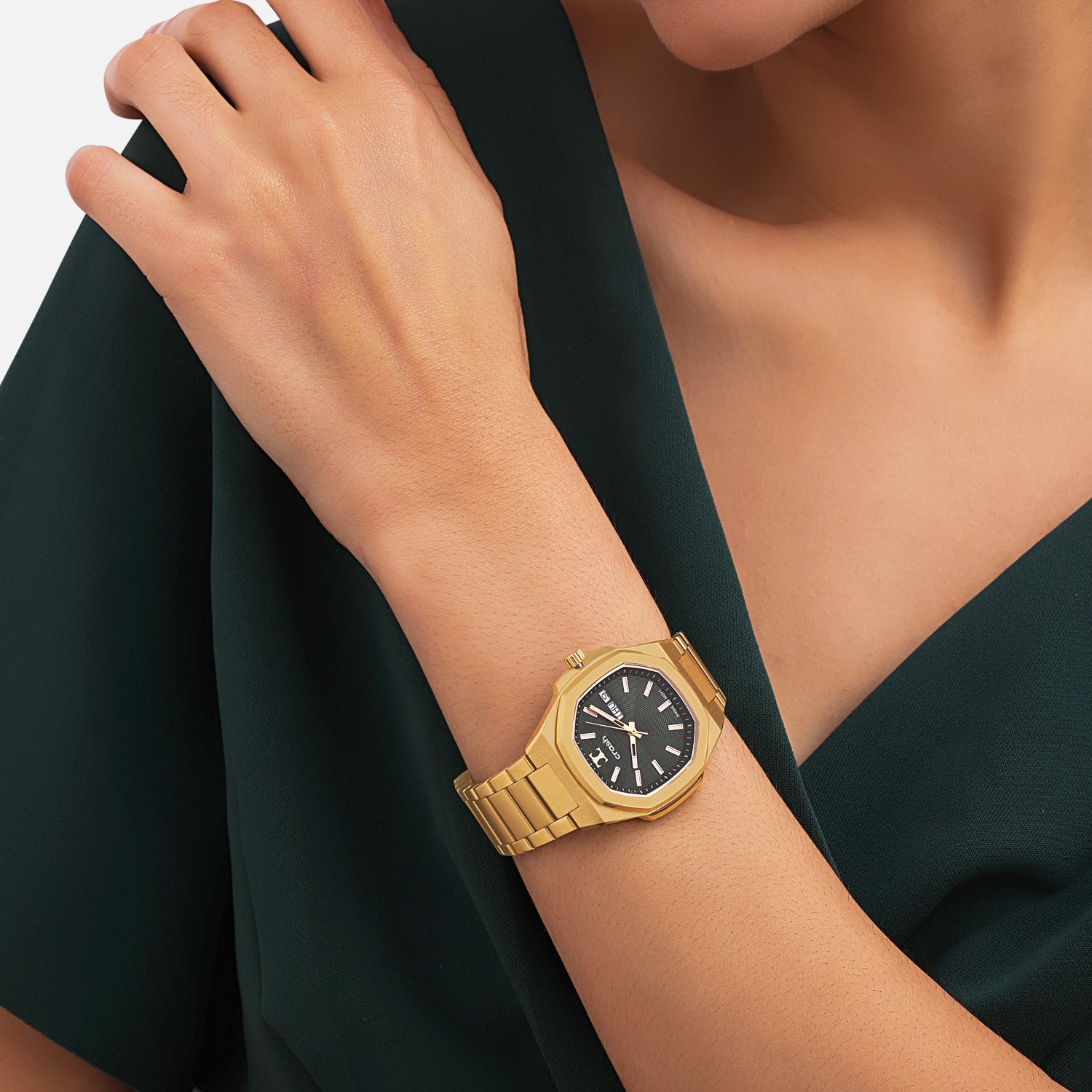 Swiss Movement Octagonal Yellow Gold Stainless Steel Watch For Women with Green Dial by Crash | SKU : ACC2406