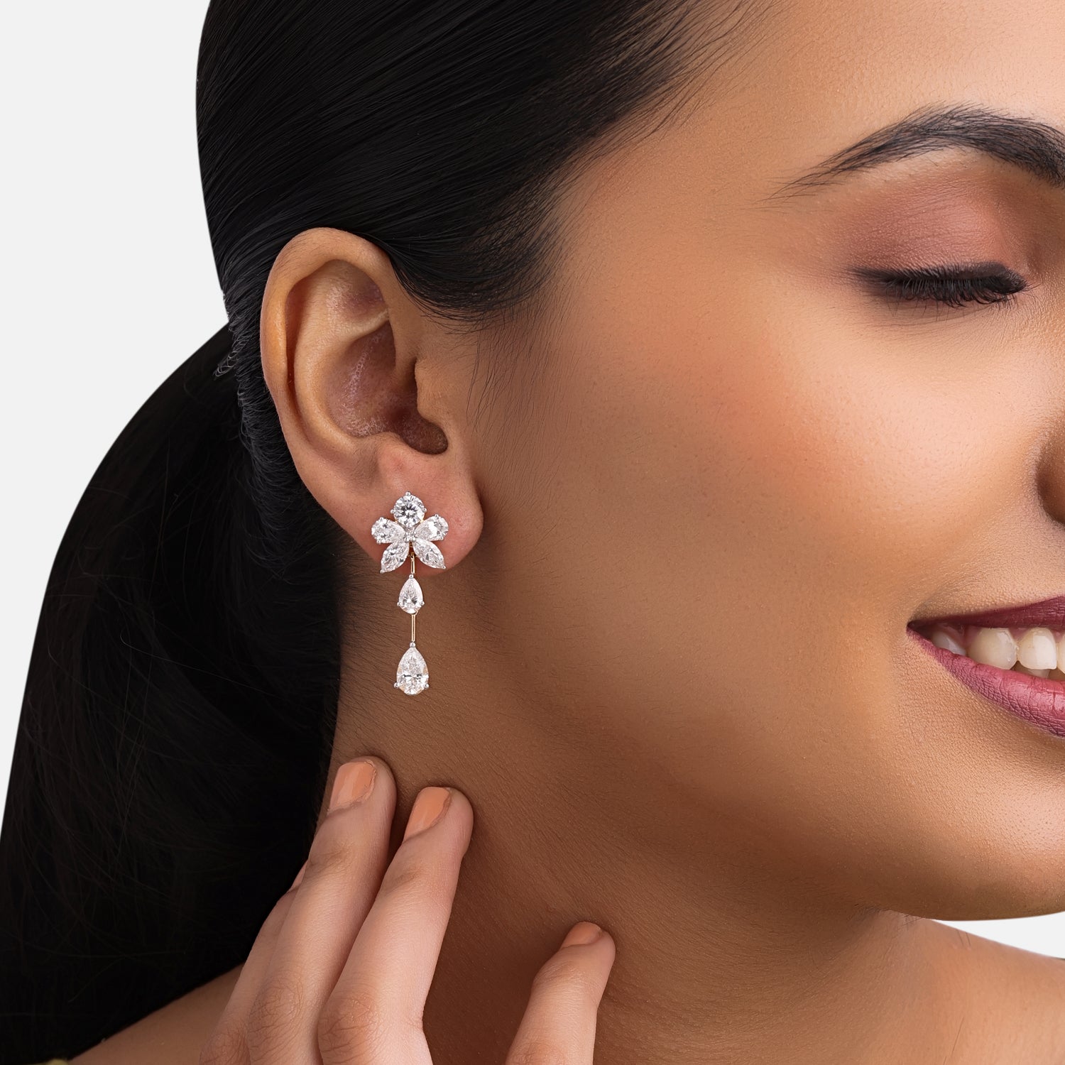 Lab-Grown Floral Cluster and Pear Diamond Drop Earrings in 18K Yellow Gold | SKU : 0004953746