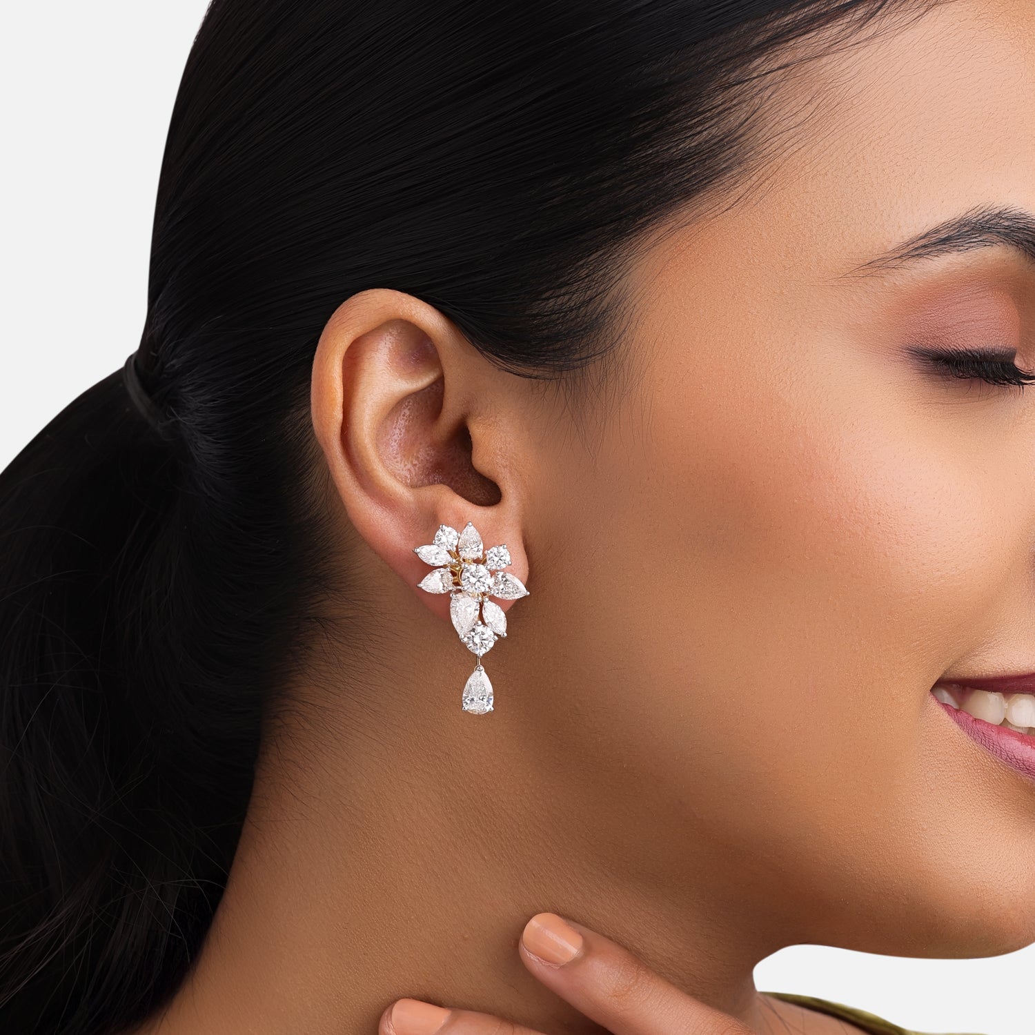 Lab-Grown Floral Cluster and Pear Diamond Earrings in 18K Yellow Gold | SKU : 0004953166