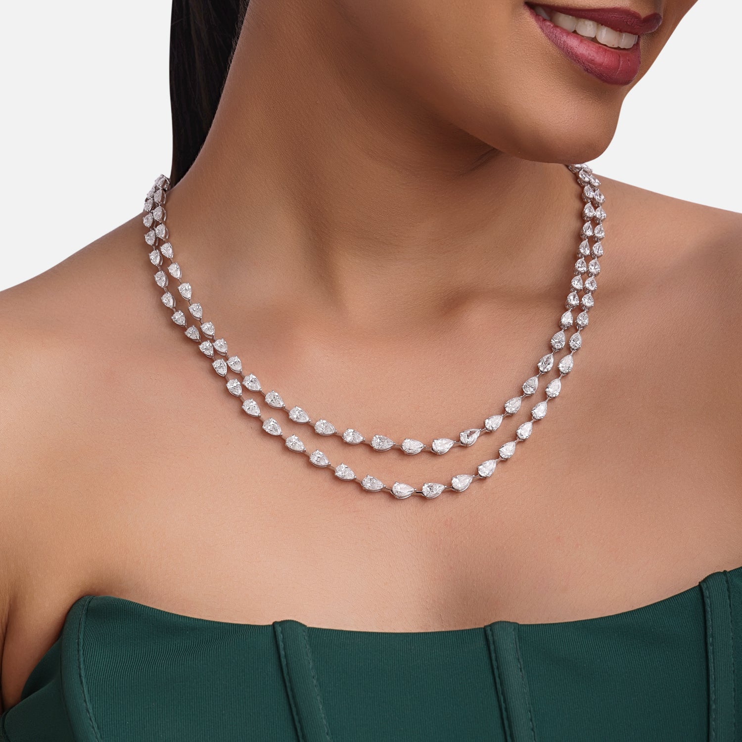 Double-Strand Lab-Grown Pear Diamond Necklace in 18K White Gold | SKU : 0004953678