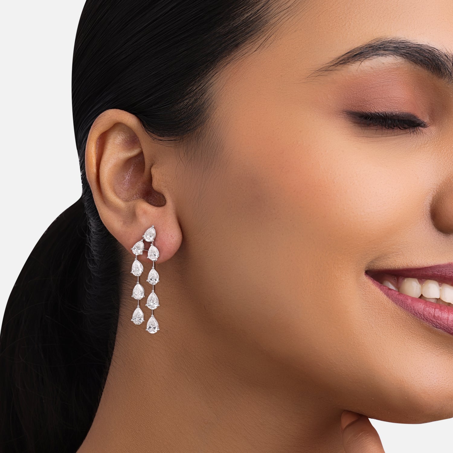 Lab-Grown Double Row Pear Diamond Dangling Earrings in 18K White Gold | SKU : 0004953685