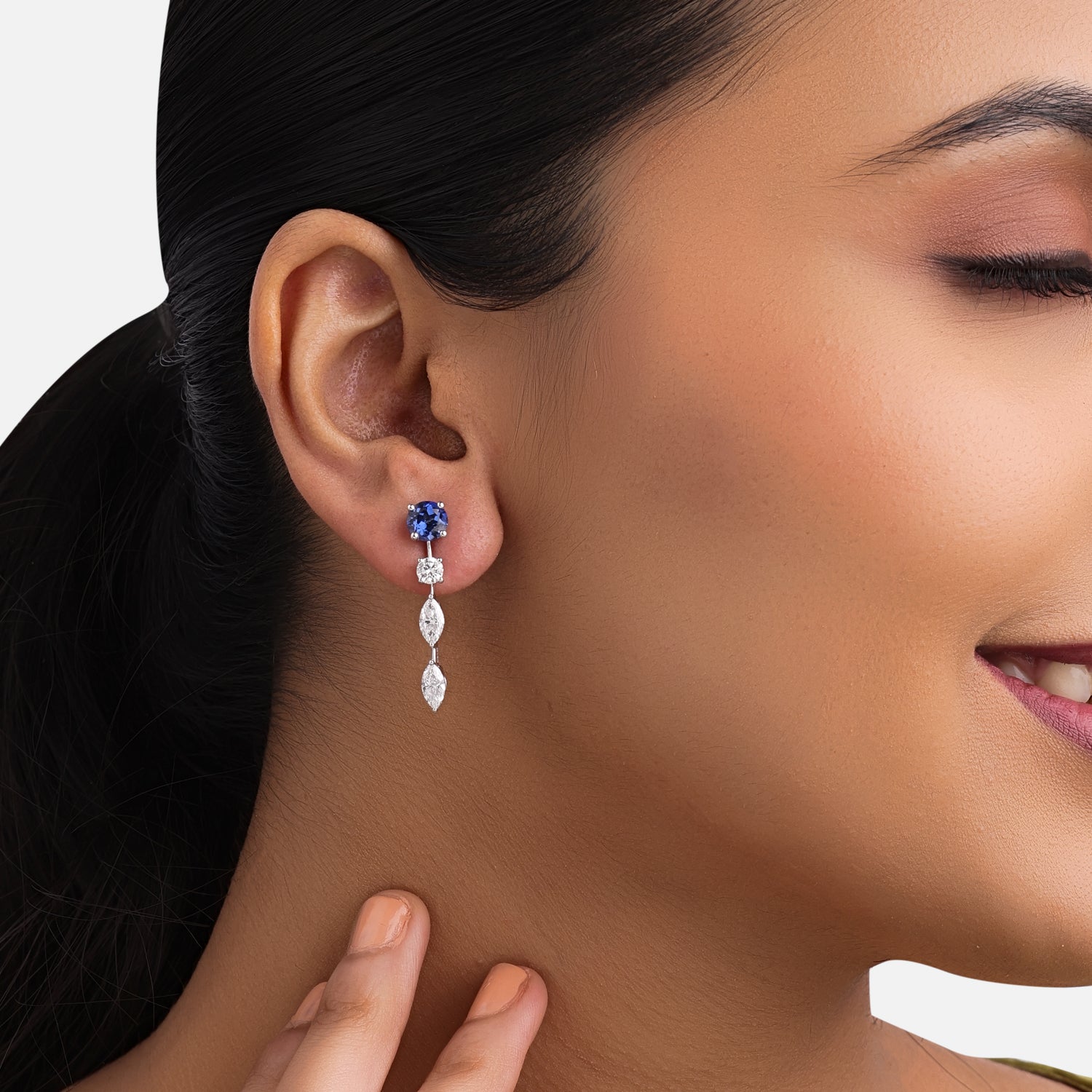 Lab-Grown Diamond and Sapphire Linear Drop Earrings in 18K White Gold | SKU : 0004953869