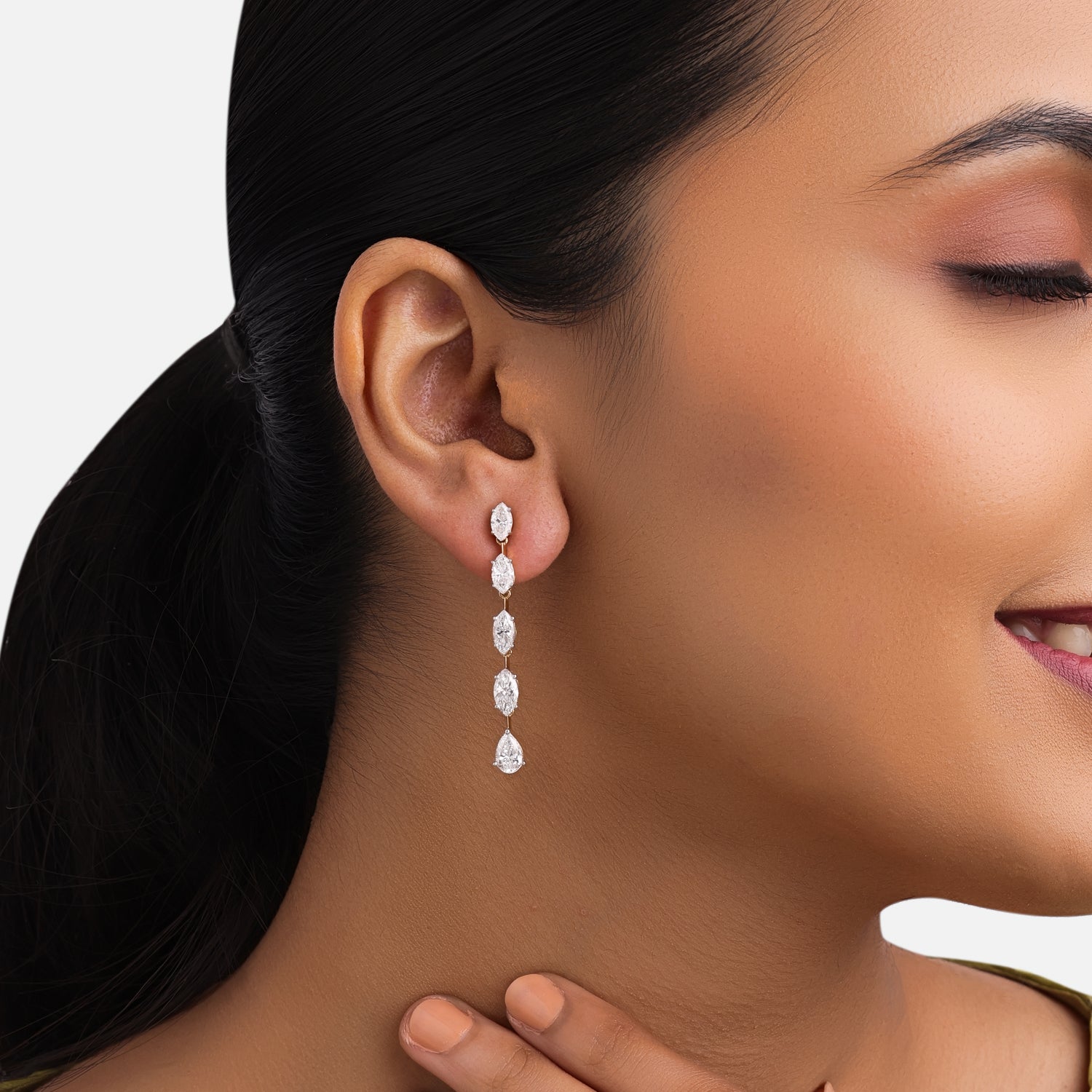 Lab-Grown Marquise and Pear Diamond Linear Earrings in 18K Yellow Gold | SKU : 0004953500