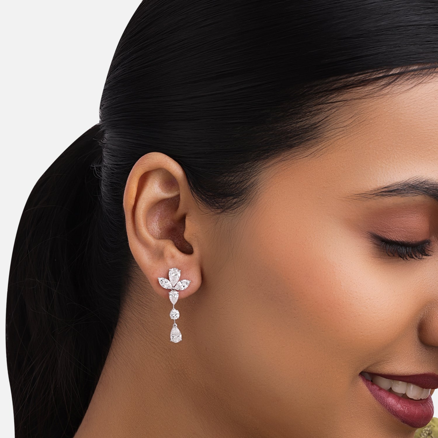 Lab-Grown Marquise and Pear Diamond Floral Drop Earrings in 18K White Gold | SKU : 0004953722